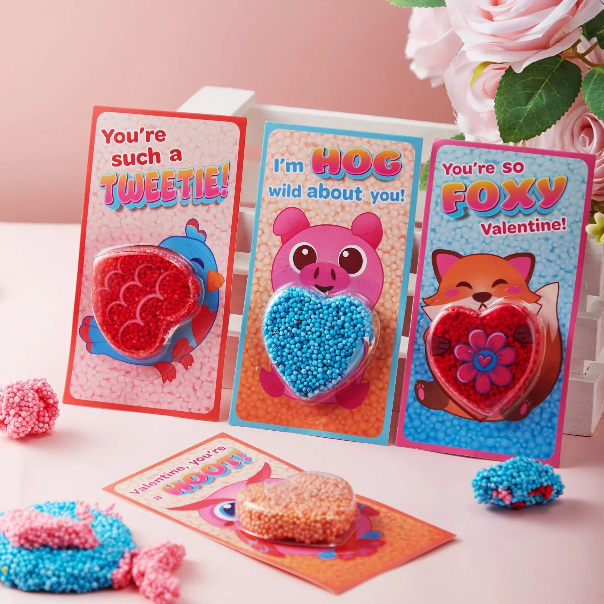 12-Pack Play Foam Animal Shapes with Valentine's Day Cards for Kids - Classroom Exchange Gifts