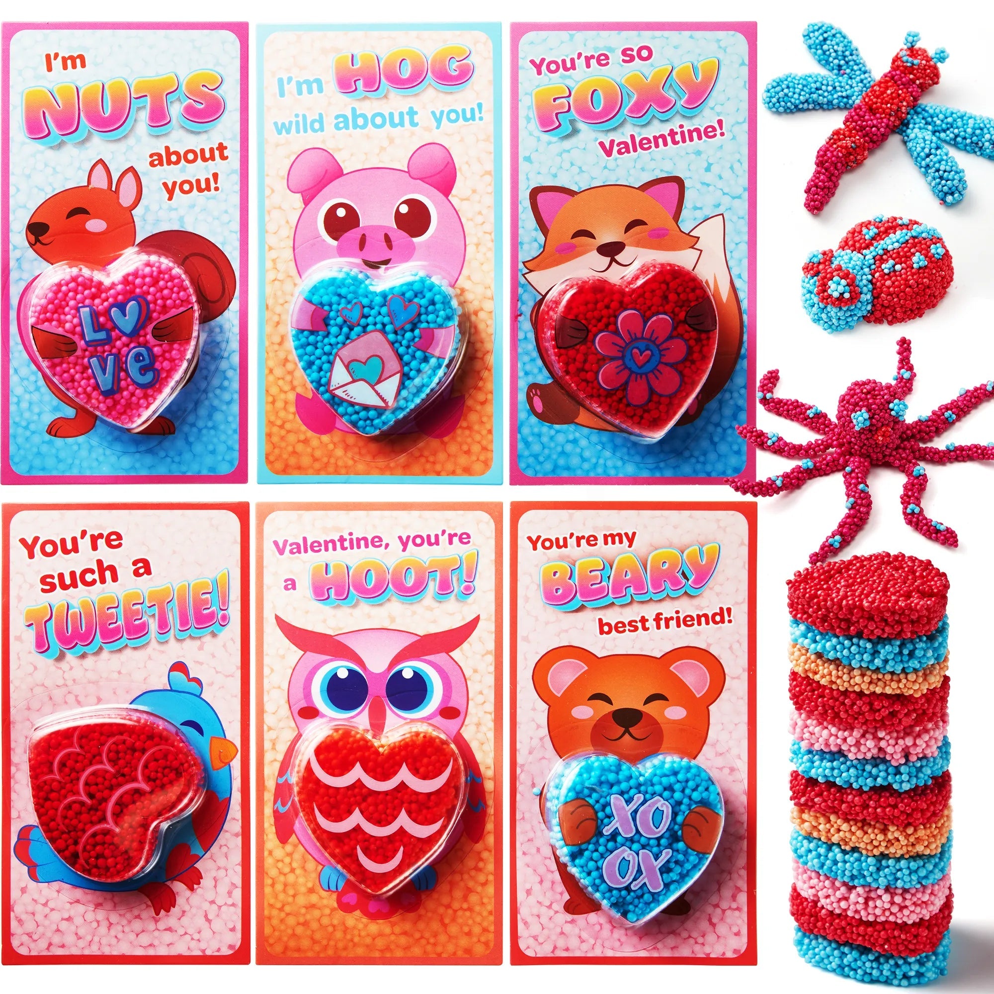 12-Pack Play Foam Animal Shapes with Valentine's Day Cards for Kids - Classroom Exchange Gifts