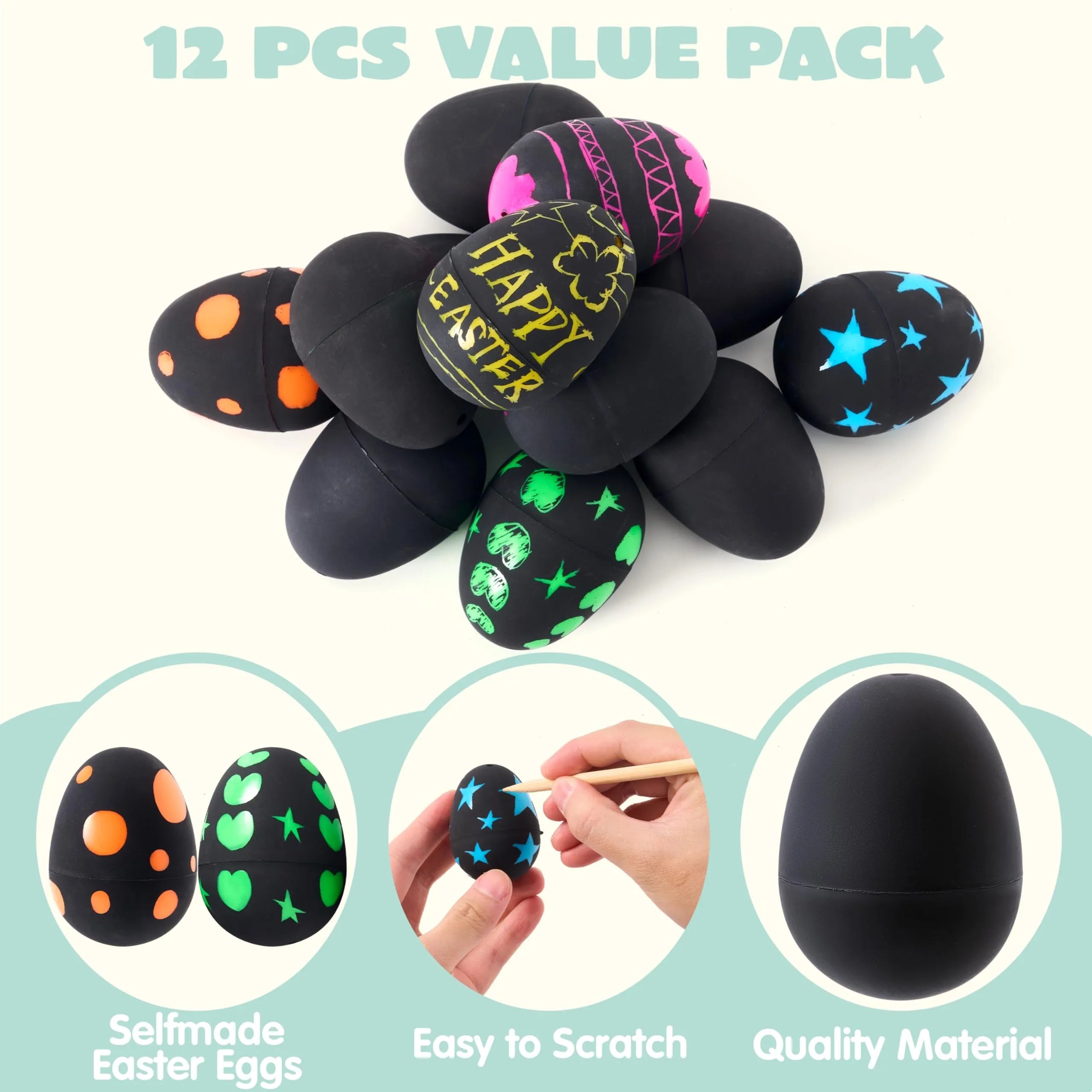 12 Pack 2.3 Inch Easter Plastic Eggs with Scratchable Surface, Empty and Fillable