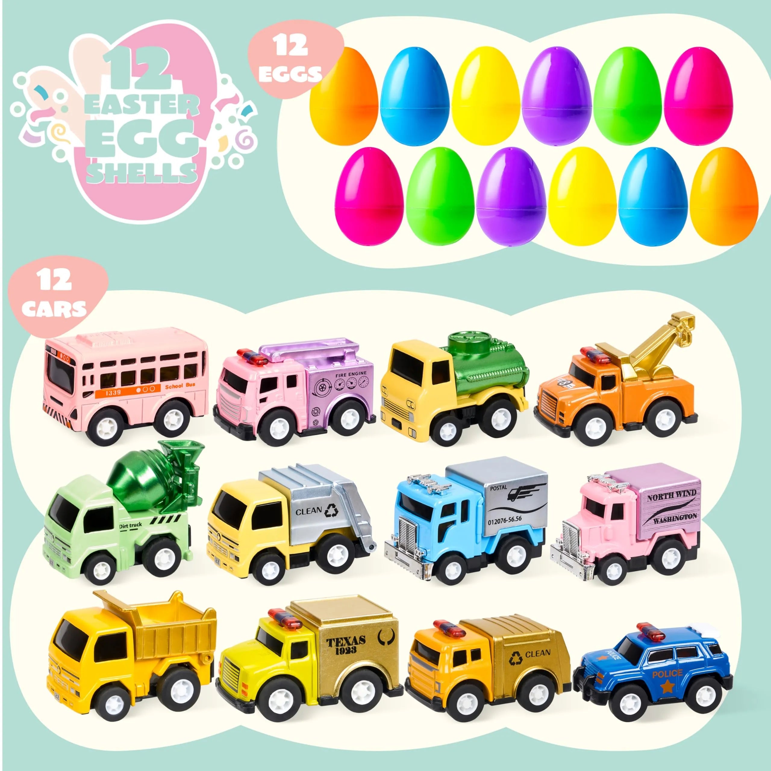 12 Pack 3.15 Inch Prefilled Easter Eggs with Die-Cast Pull Back Cars