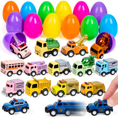 12 Pack 3.15 Inch Prefilled Easter Eggs with Die-Cast Pull Back Cars