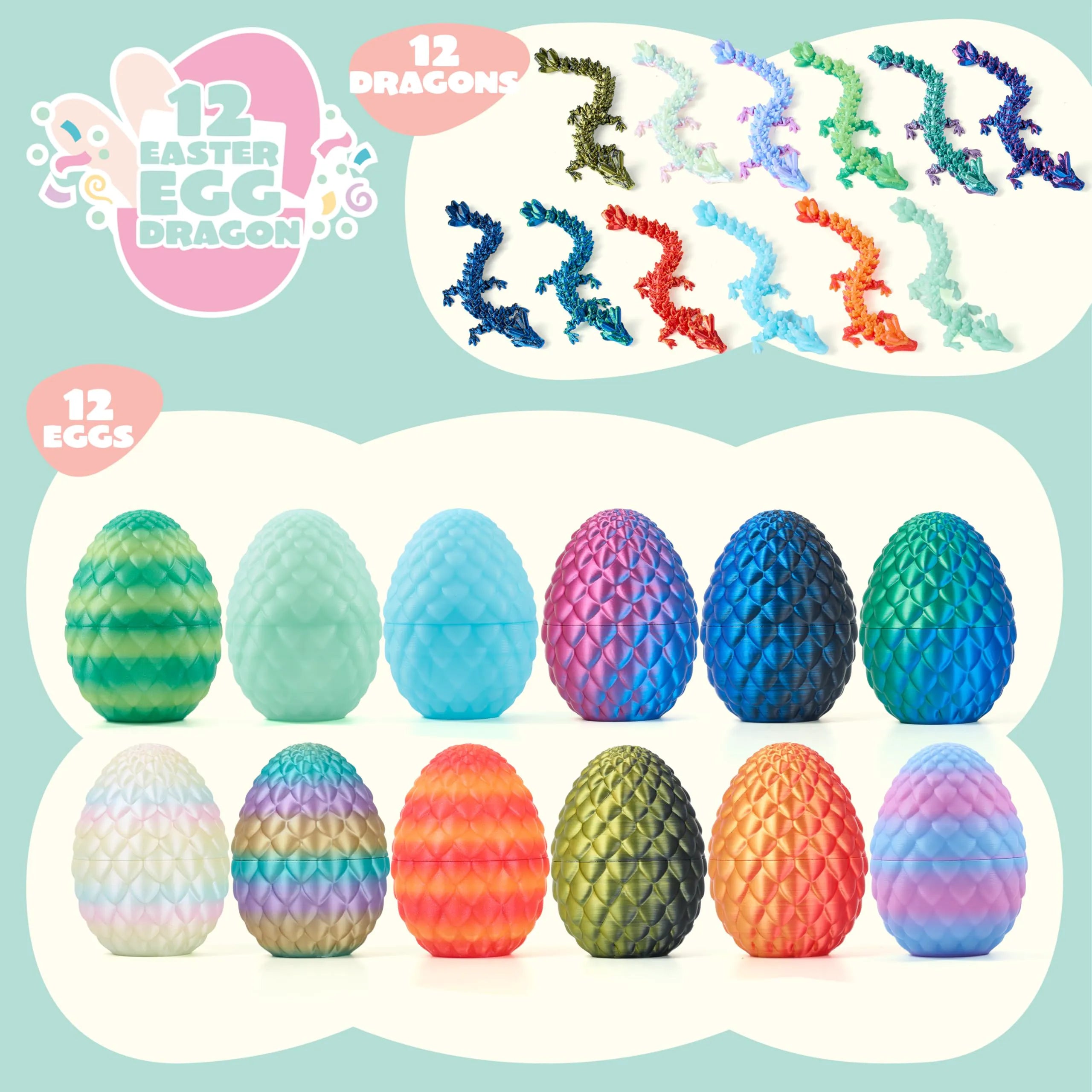 12 Pcs 3D Printed Articulated Dragon Eggs for Easter Party Favors, Egg Hunt & Classroom Prizes