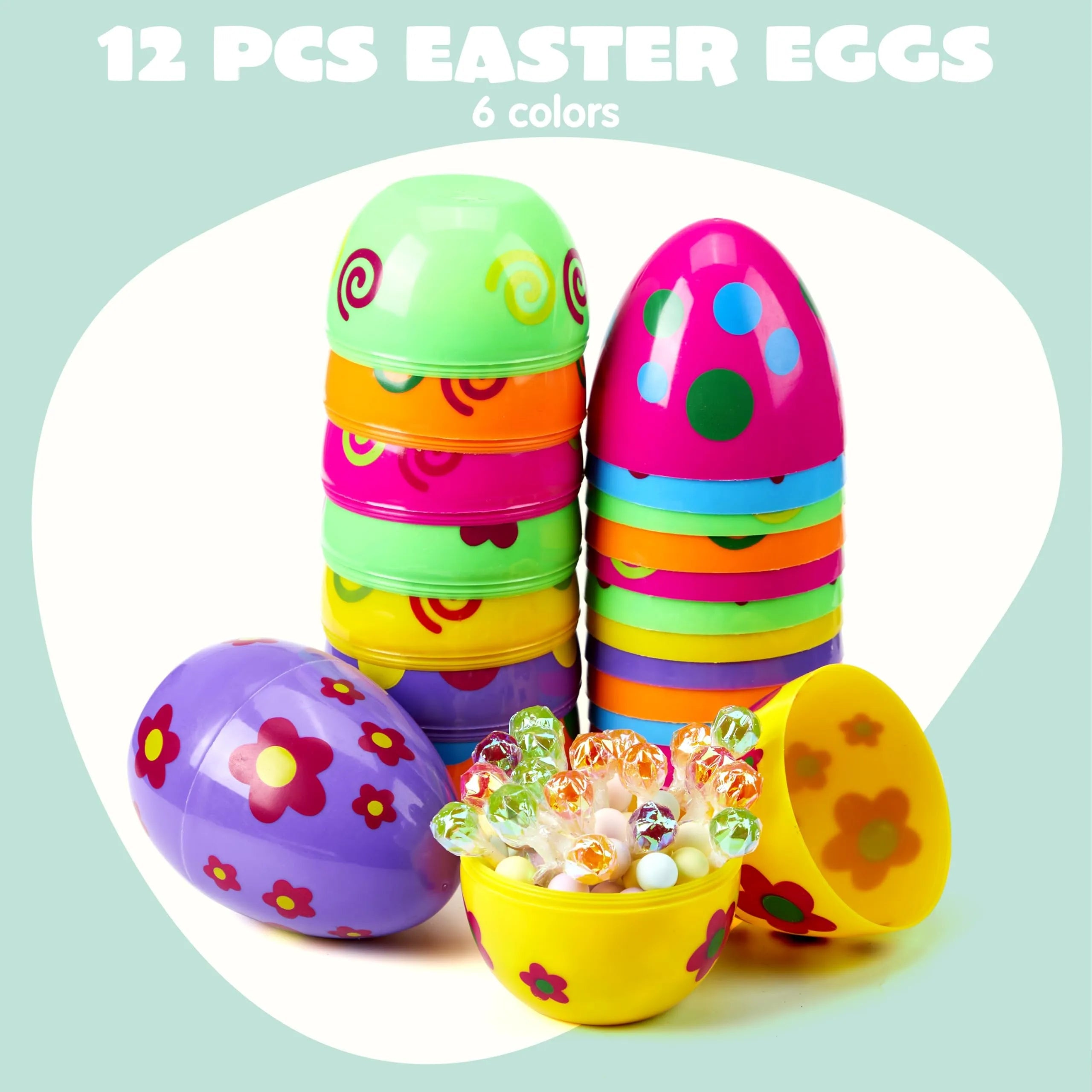 12 Colorful Printed Fillable Giant Easter Egg Shells (5.5 in)