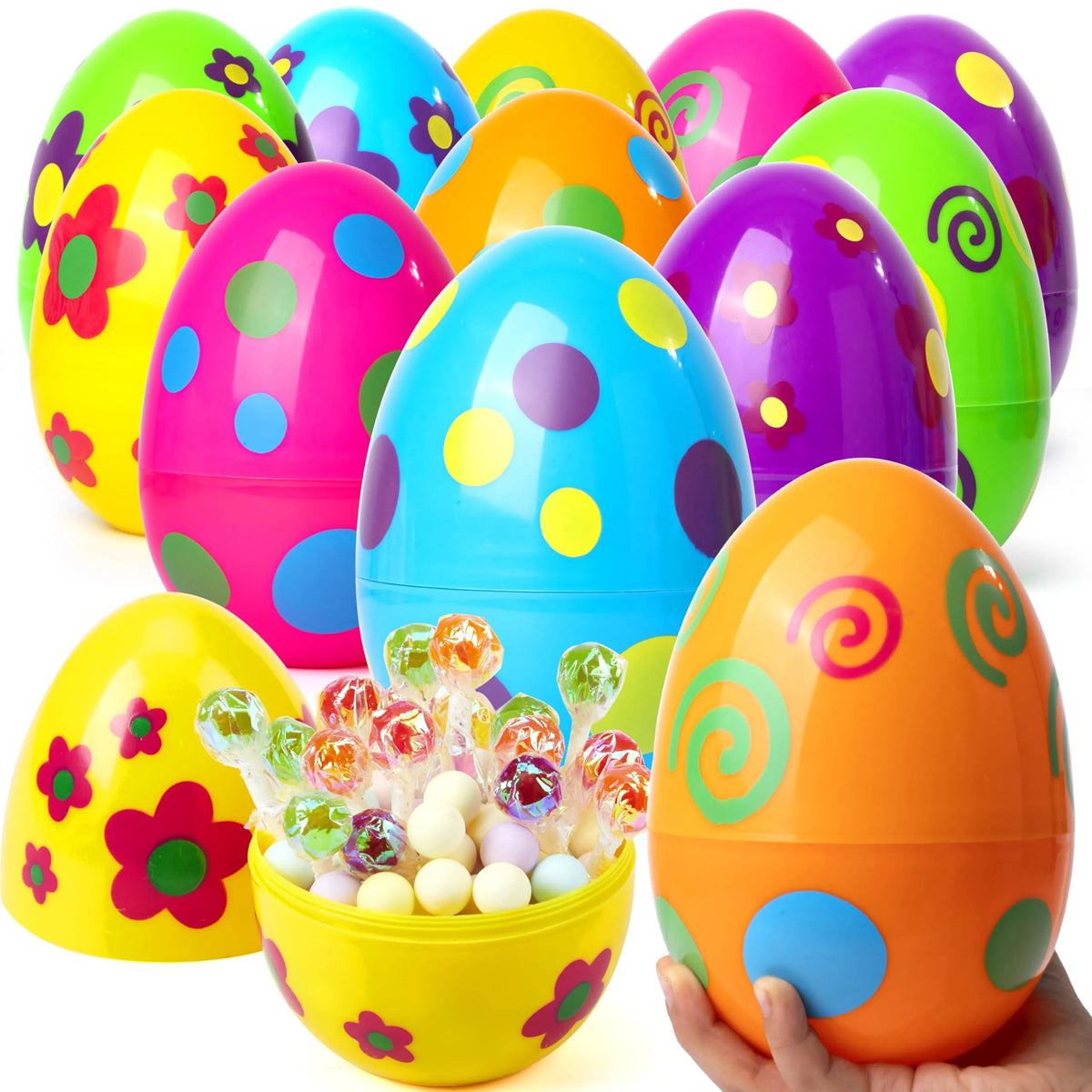 12 Colorful Printed Fillable Giant Easter Egg Shells (5.5 in)