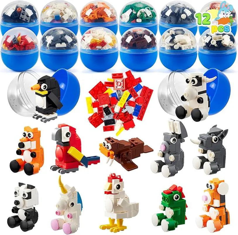 12 Easter Eggs with Animal Building Blocks for Kids Party & Hunt