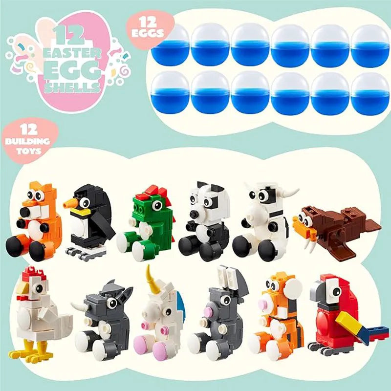 12 Easter Eggs with Animal Building Blocks for Kids Party & Hunt