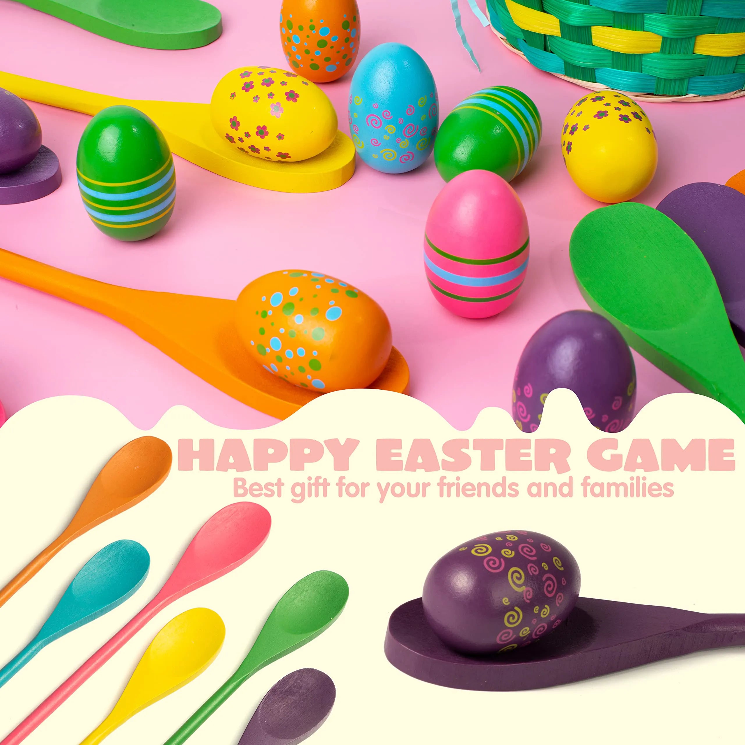 12 Pcs Egg and Spoon Race Game Set, Wooden Colorful Outdoor Party Supplies