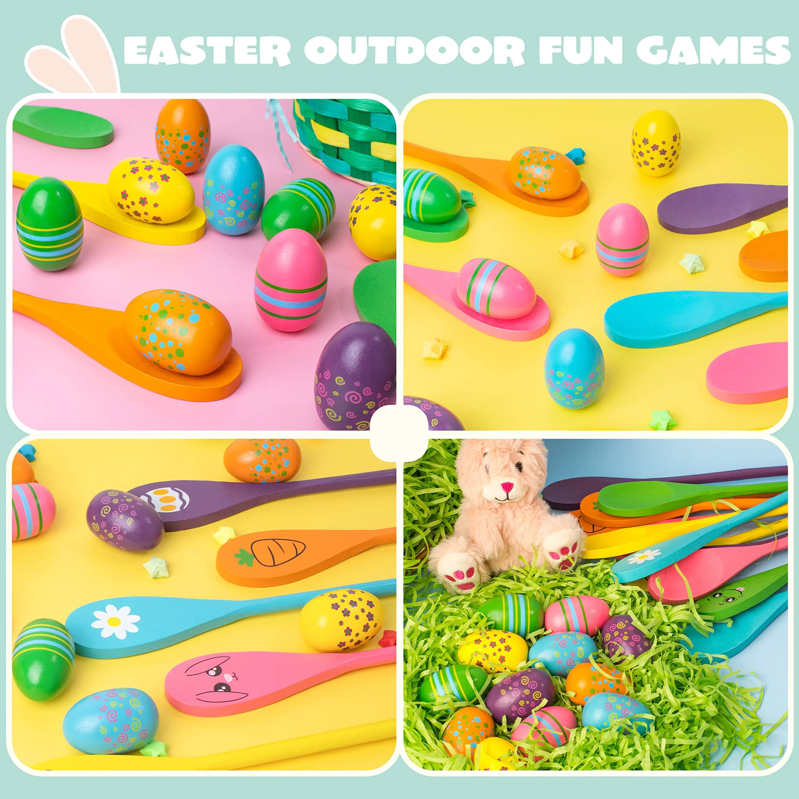 12 Pcs Egg and Spoon Race Game Set, Wooden Colorful Outdoor Party Supplies