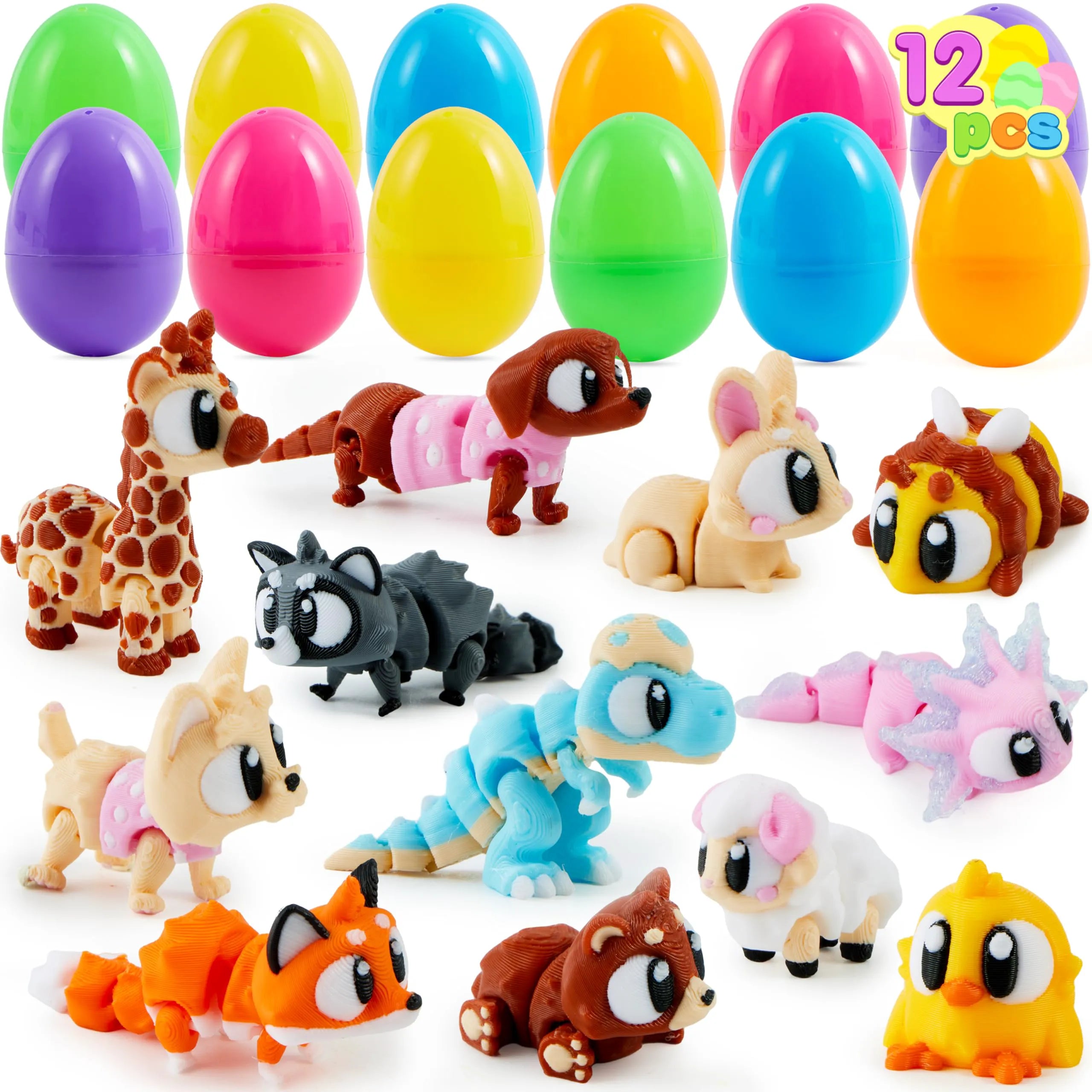 12-Pack Prefilled Easter Eggs with 3D Printed Big Eye Animal Toys for Kids Party Favors