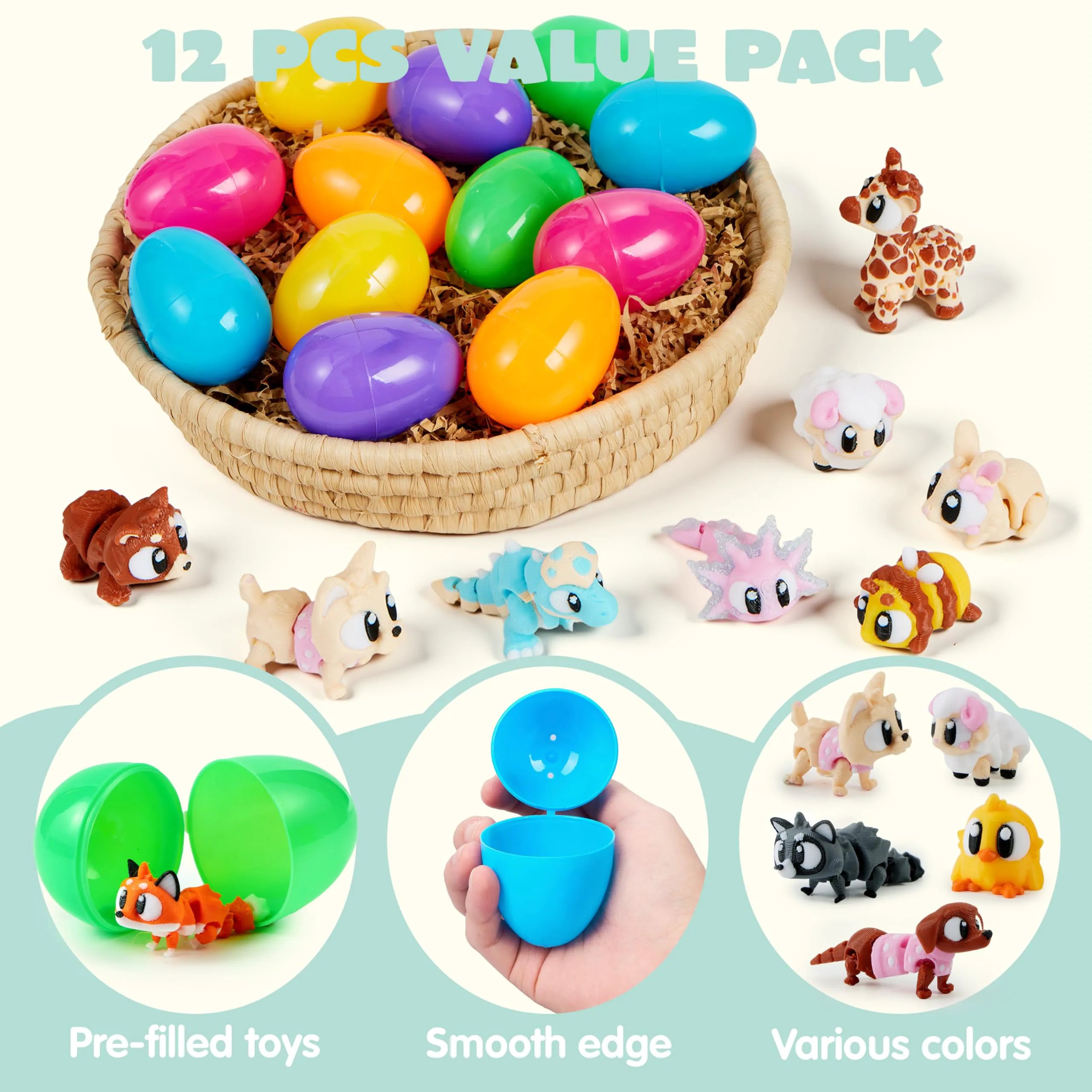 12-Pack Prefilled Easter Eggs with 3D Printed Big Eye Animal Toys for Kids Party Favors