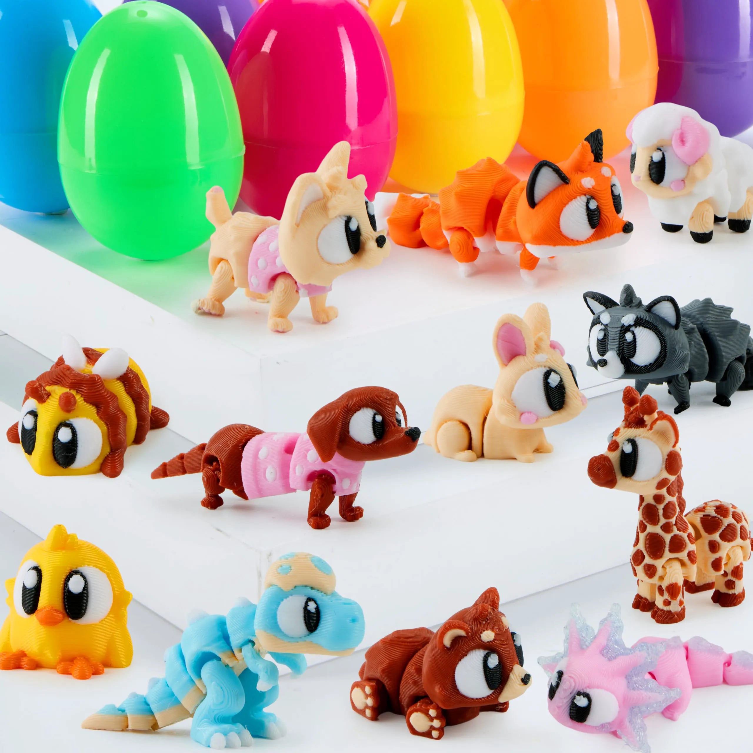 12-Pack Prefilled Easter Eggs with 3D Printed Big Eye Animal Toys for Kids Party Favors