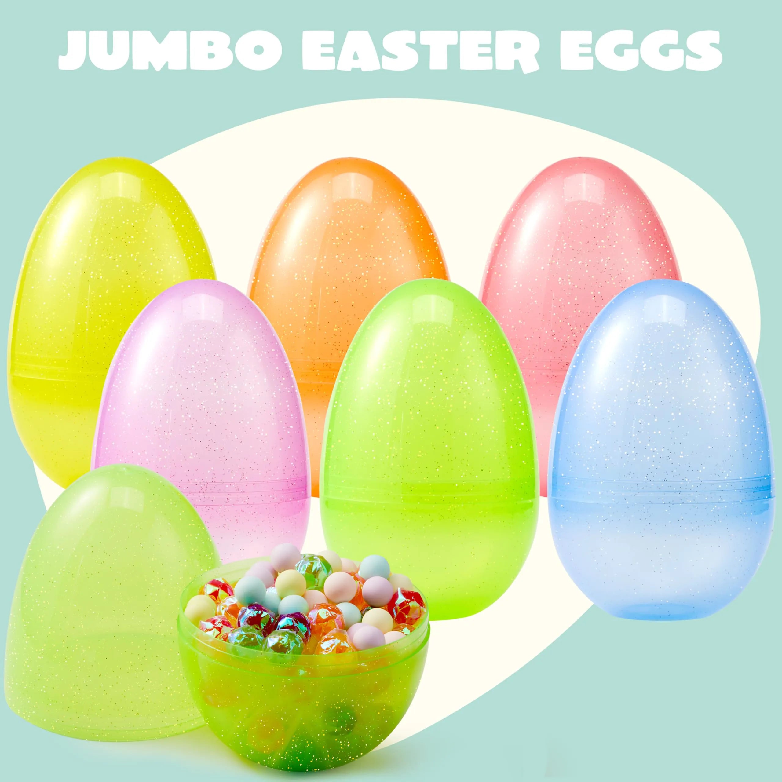 12 Jumbo Clear Glitter Plastic Easter Eggs - Fillable for Hunt, Basket Stuffers