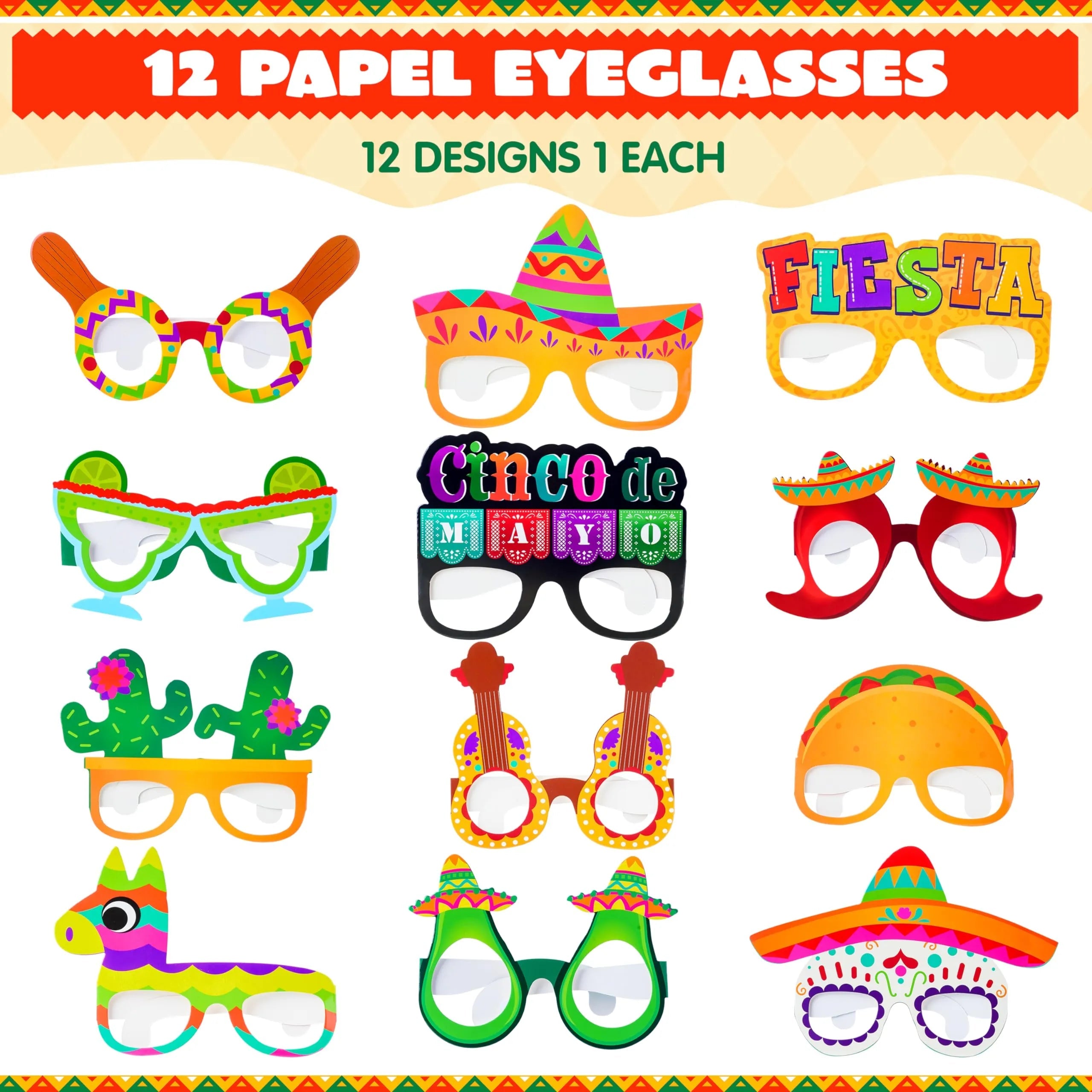 12 Pack Mexican Fiesta Party Paper Eyeglasses for Cinco de Mayo Decorations