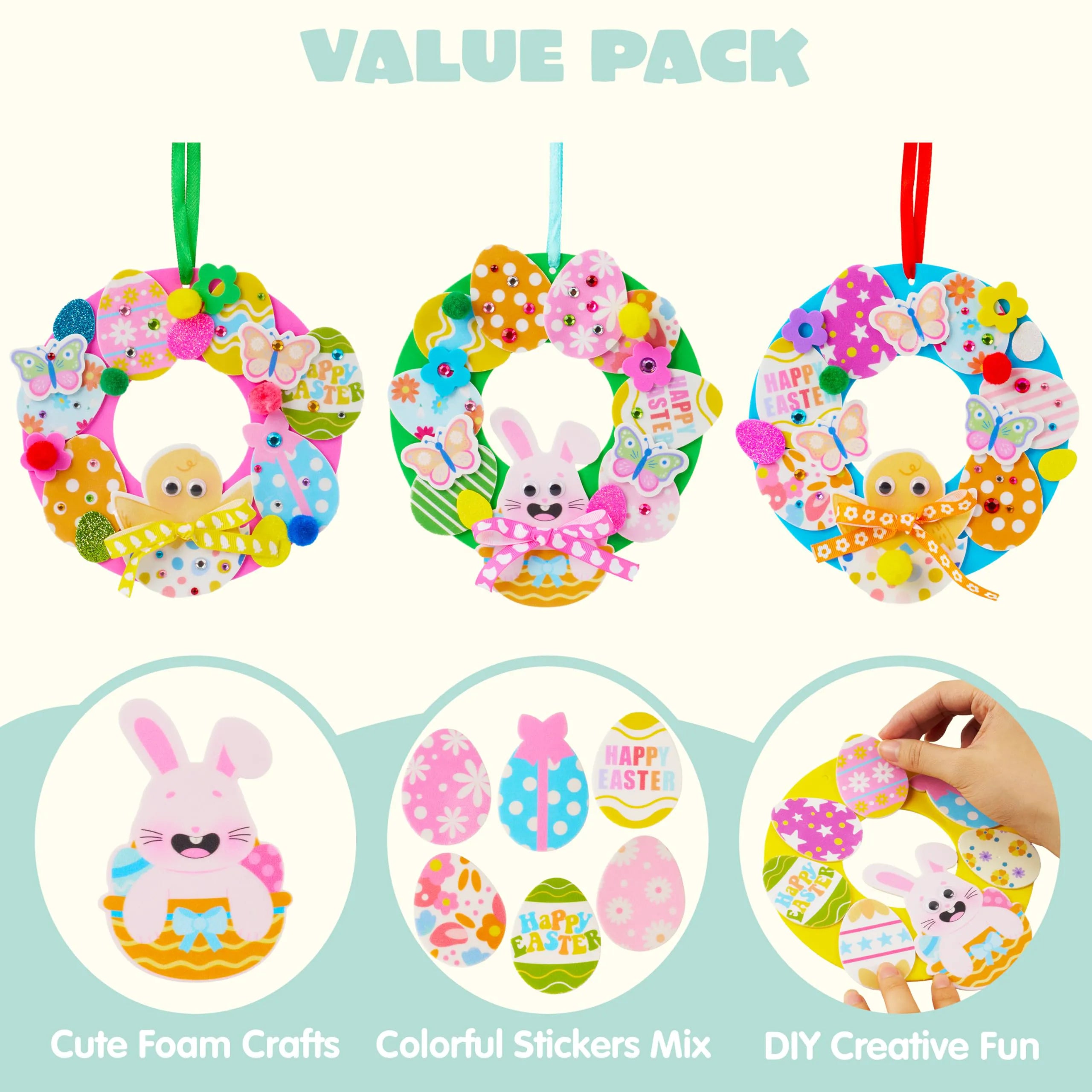 12 Sets Easter Wreath DIY Foam Craft Kit for Kids Party Activities
