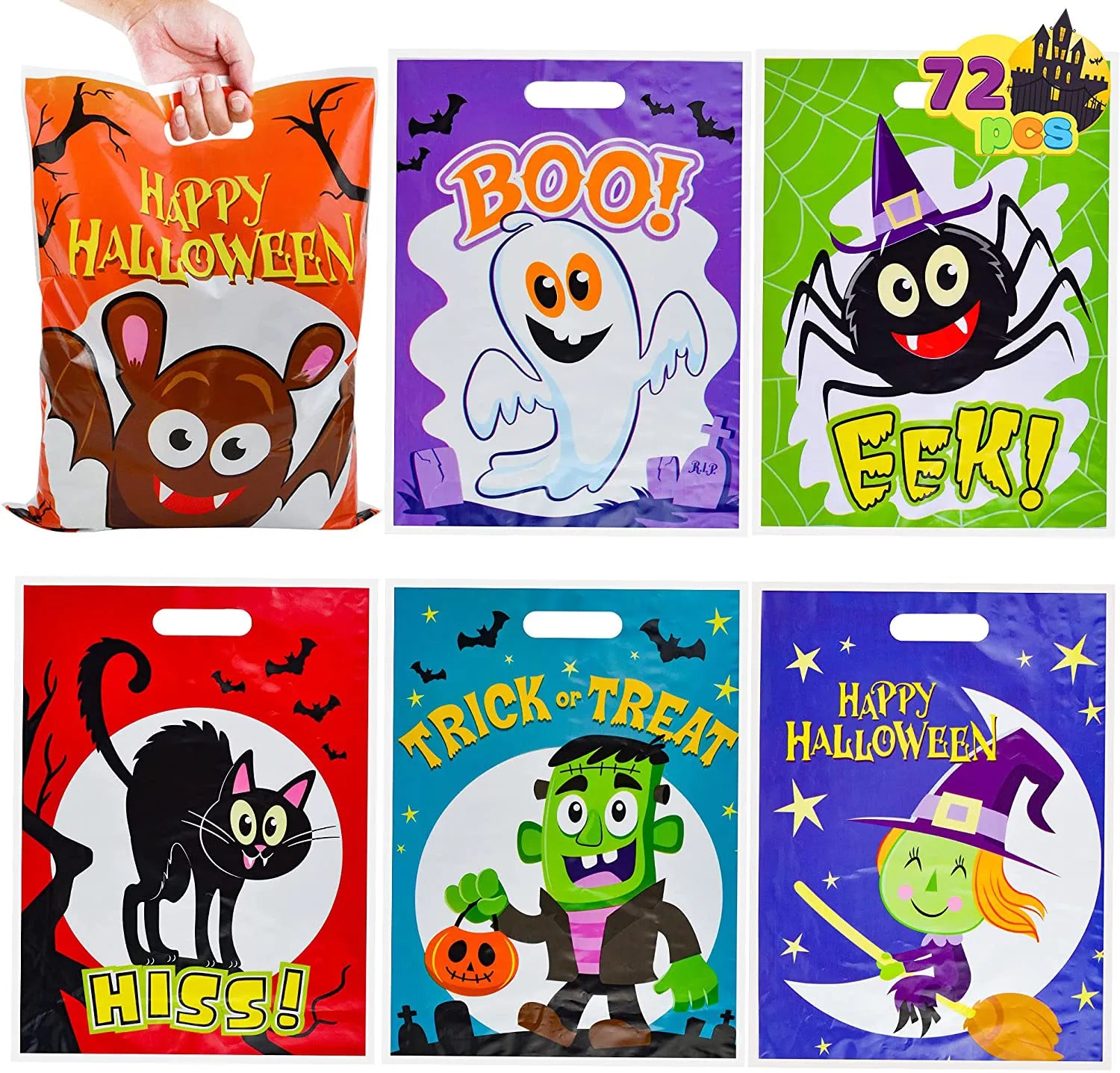 6 Characters Halloween Plastic Goodie Bags, 72 Pcs