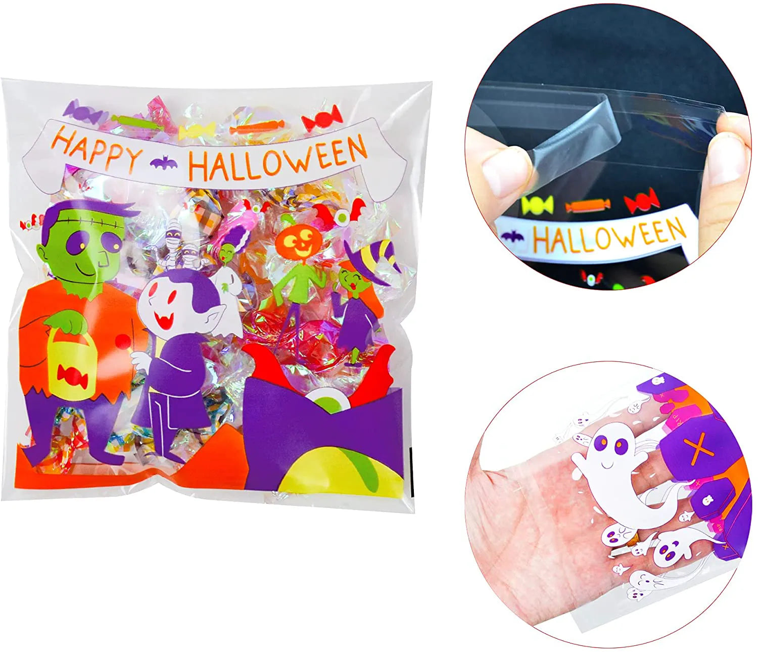 150 Pcs Halloween Clear Self-Adhesive Candy Bags