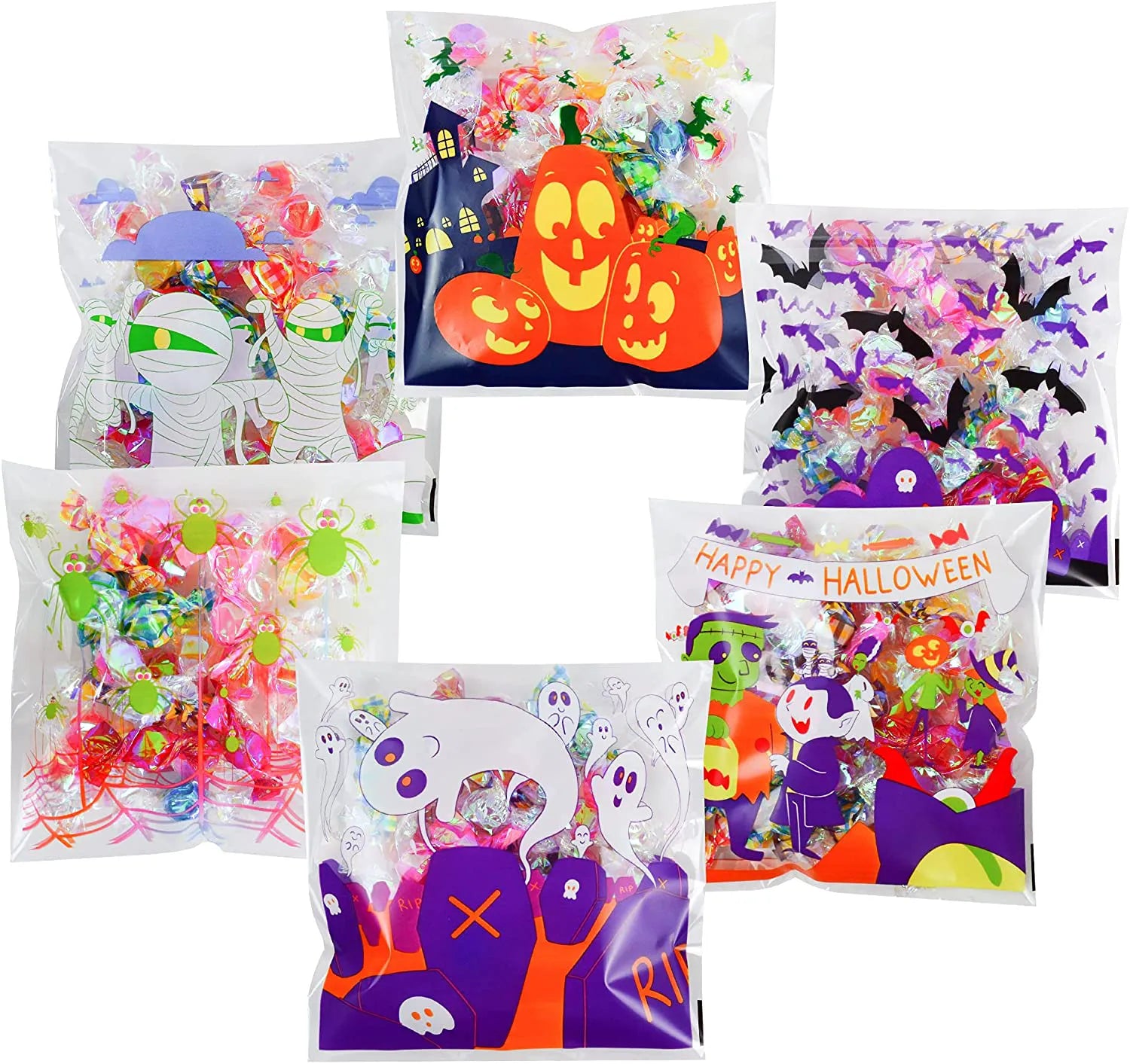 150 Pcs Halloween Clear Self-Adhesive Candy Bags