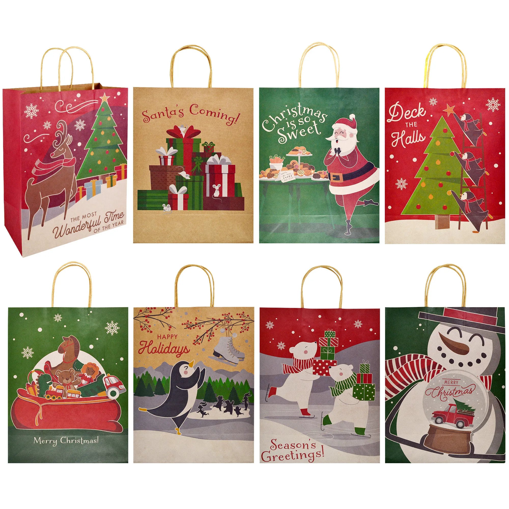 8 Christmas-Themed Colorful Drawstring Gift Bags, 24-Pack