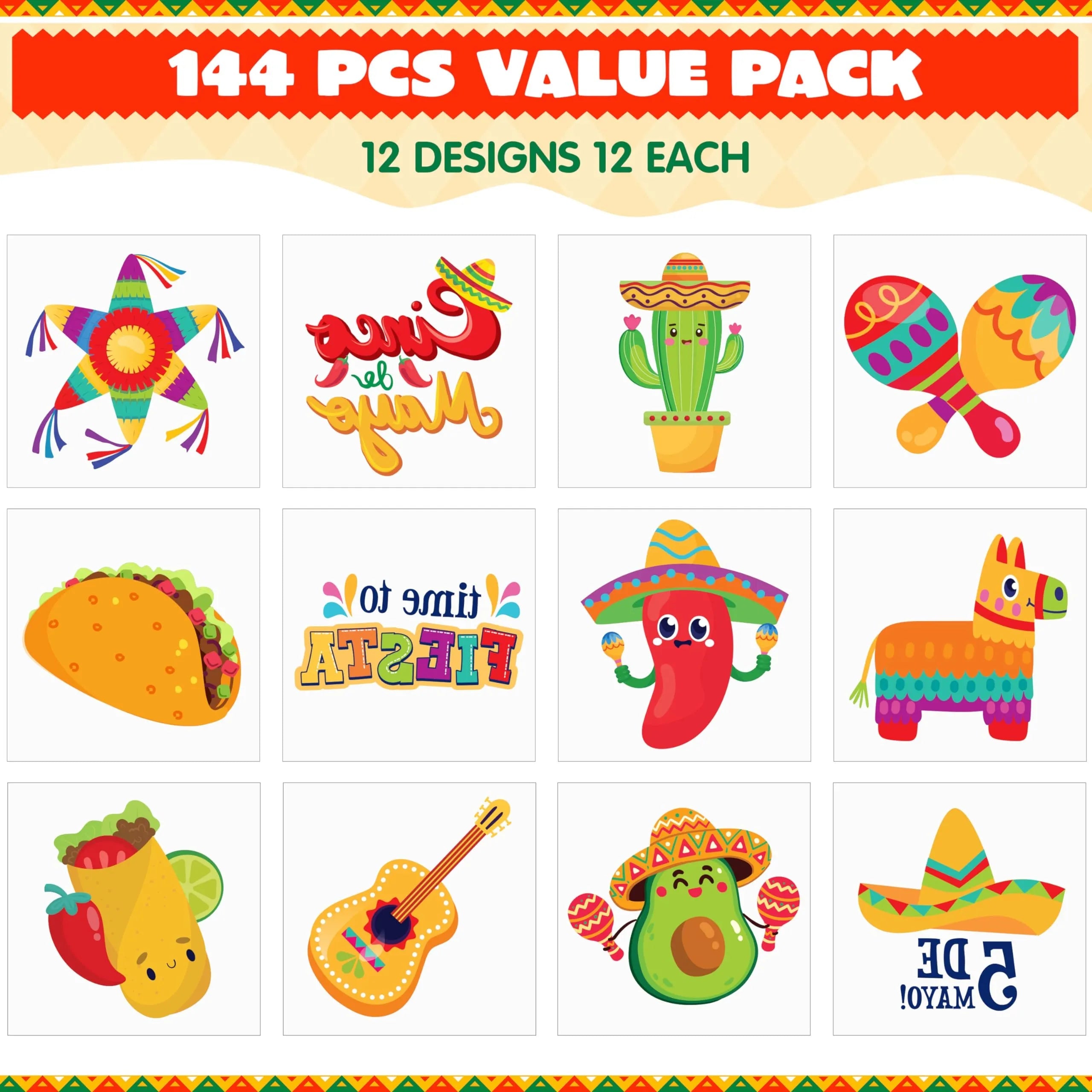 144 PCS Cinco De Mayo Temporary Tattoo Set for Mexican Themed Party