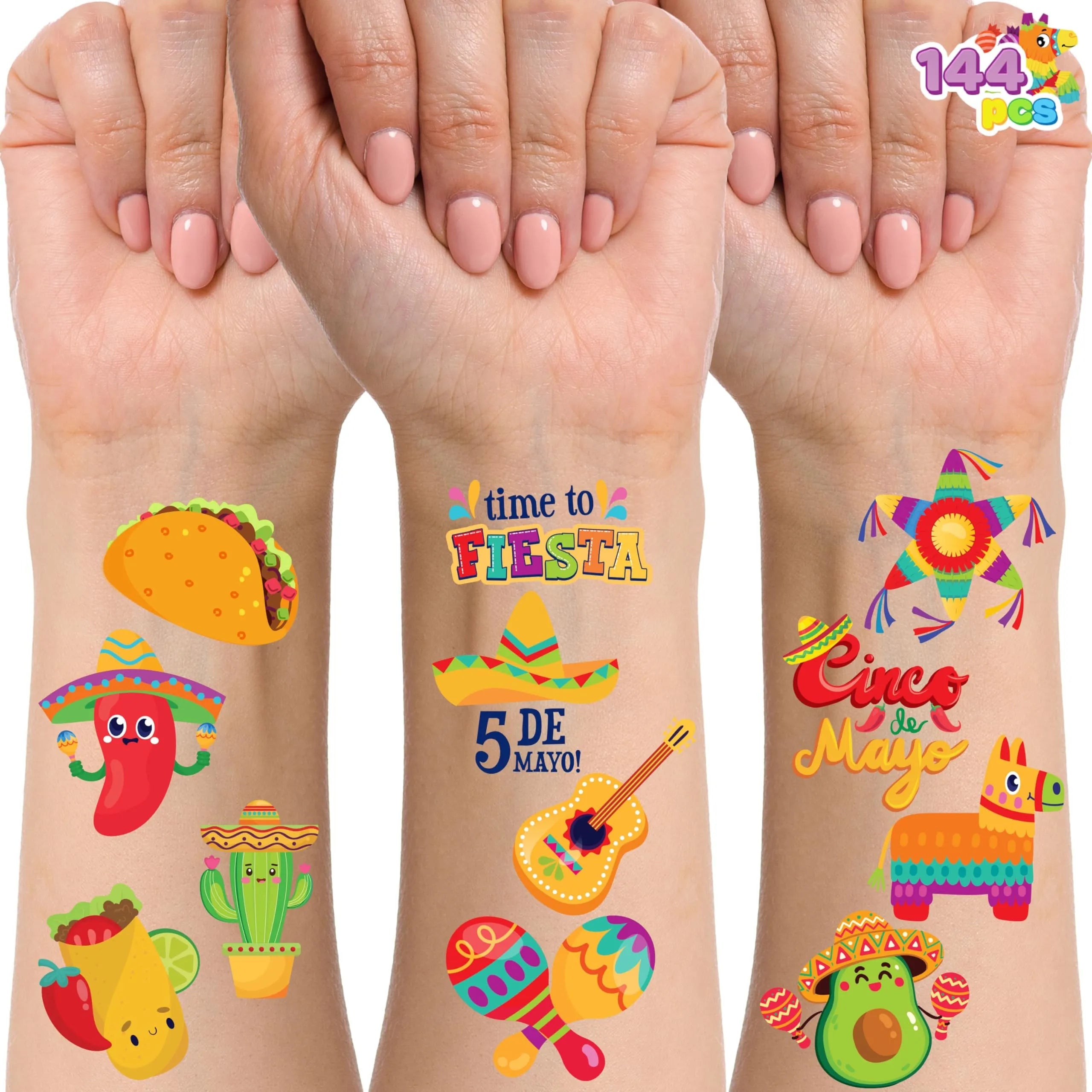 144 PCS Cinco De Mayo Temporary Tattoo Set for Mexican Themed Party