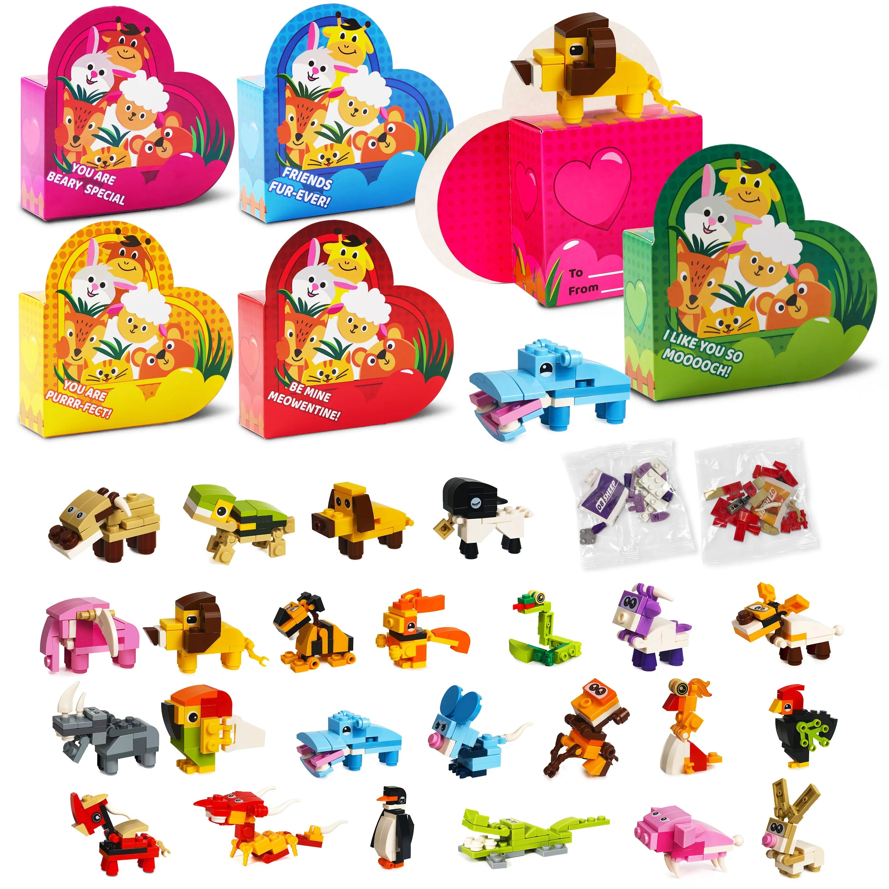 Valentine's Day Animal Building Blocks Heart Boxes with Cards for Kids