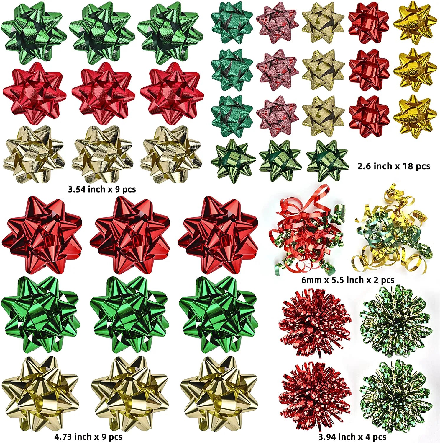 Assorted Bows - Red, Gold, Green (42 Pack)