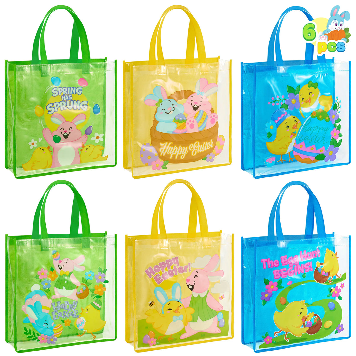 JOYIN 6 Pack Big Easter Bunny Gift Bags 13x13 Non-Woven Treat Bags for Kids Easter Party Supplies