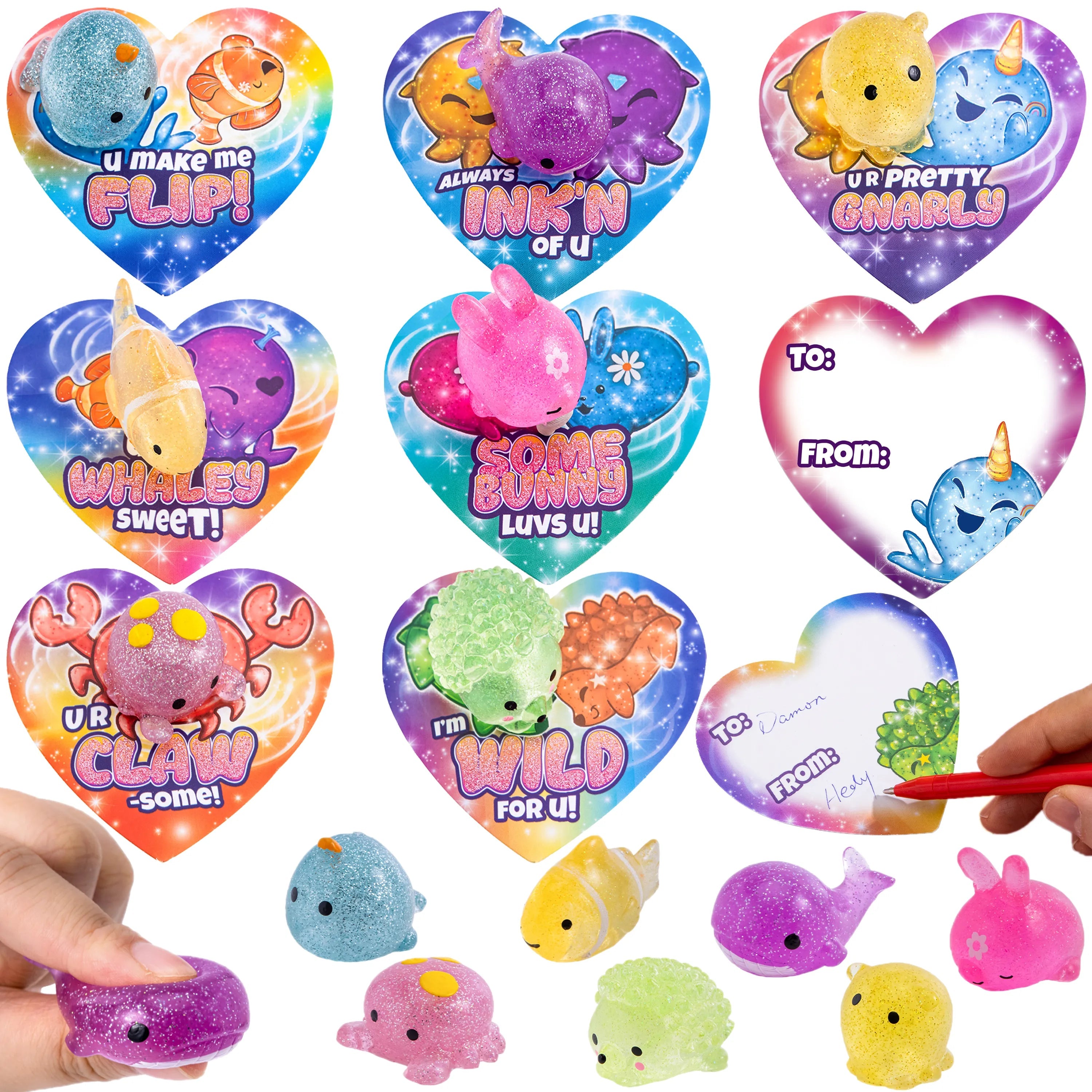 28 Glitter Mochi Squishy Toys with Valentine Cards for Classroom Exchange