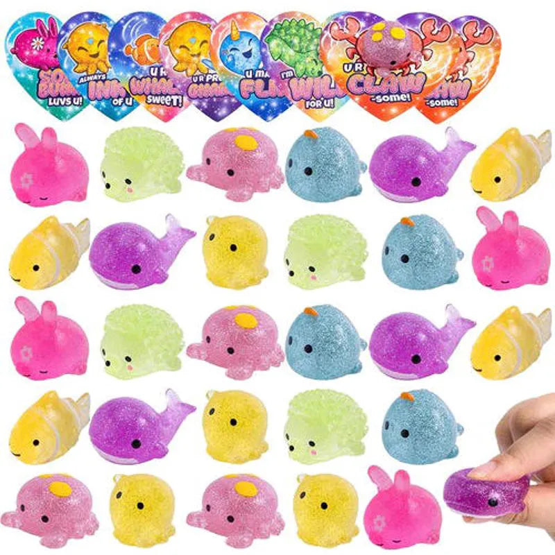 28 Glitter Mochi Squishy Toys with Valentine Cards for Classroom Exchange