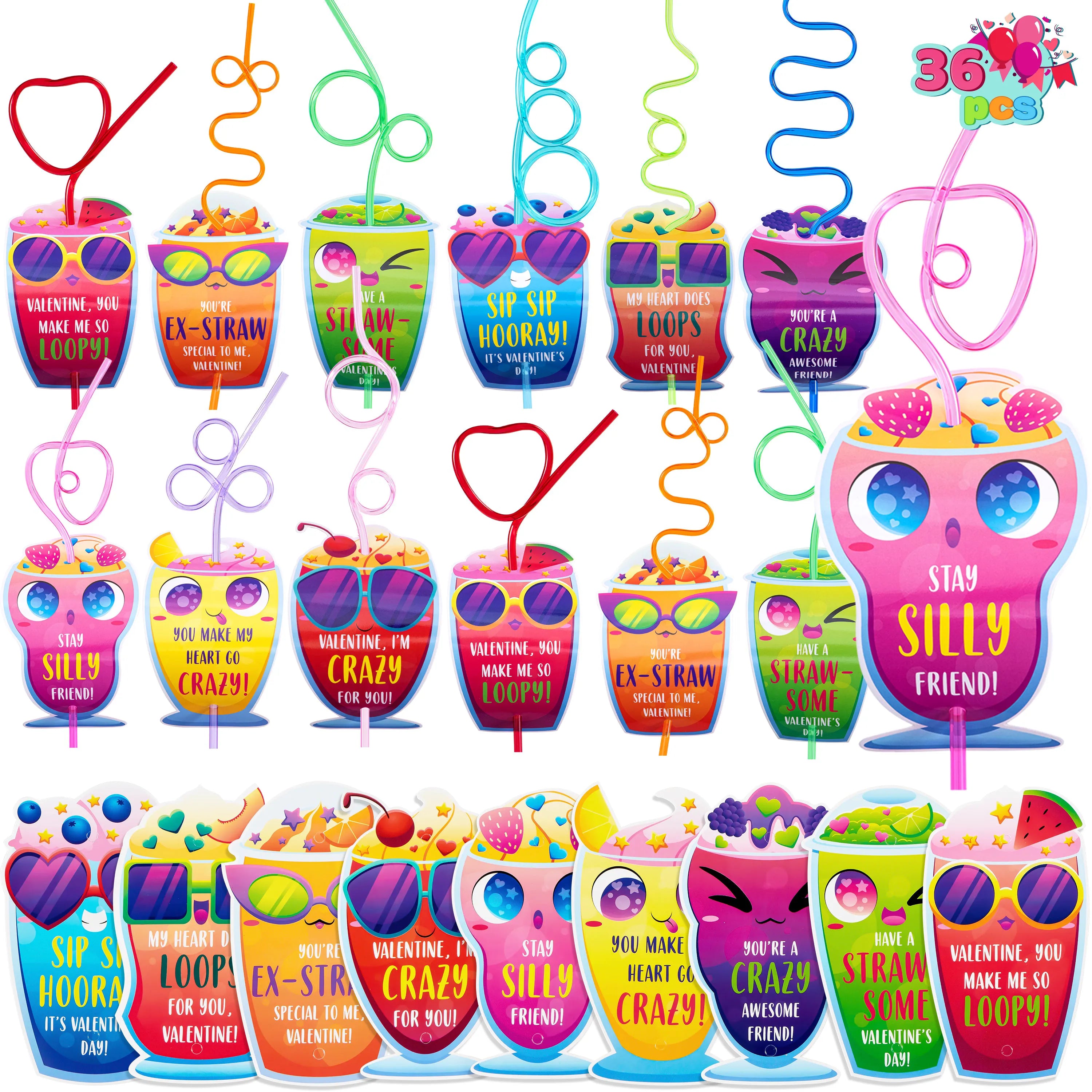 28 Reusable Drinking Straws with Kids' Valentine Cards for Valentine Party Favors