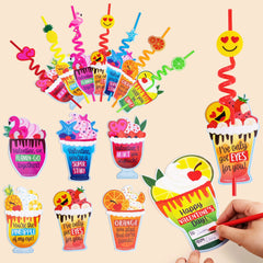 28 Reusable Drinking Straws with Kids' Valentine Cards for Valentine Party Favors