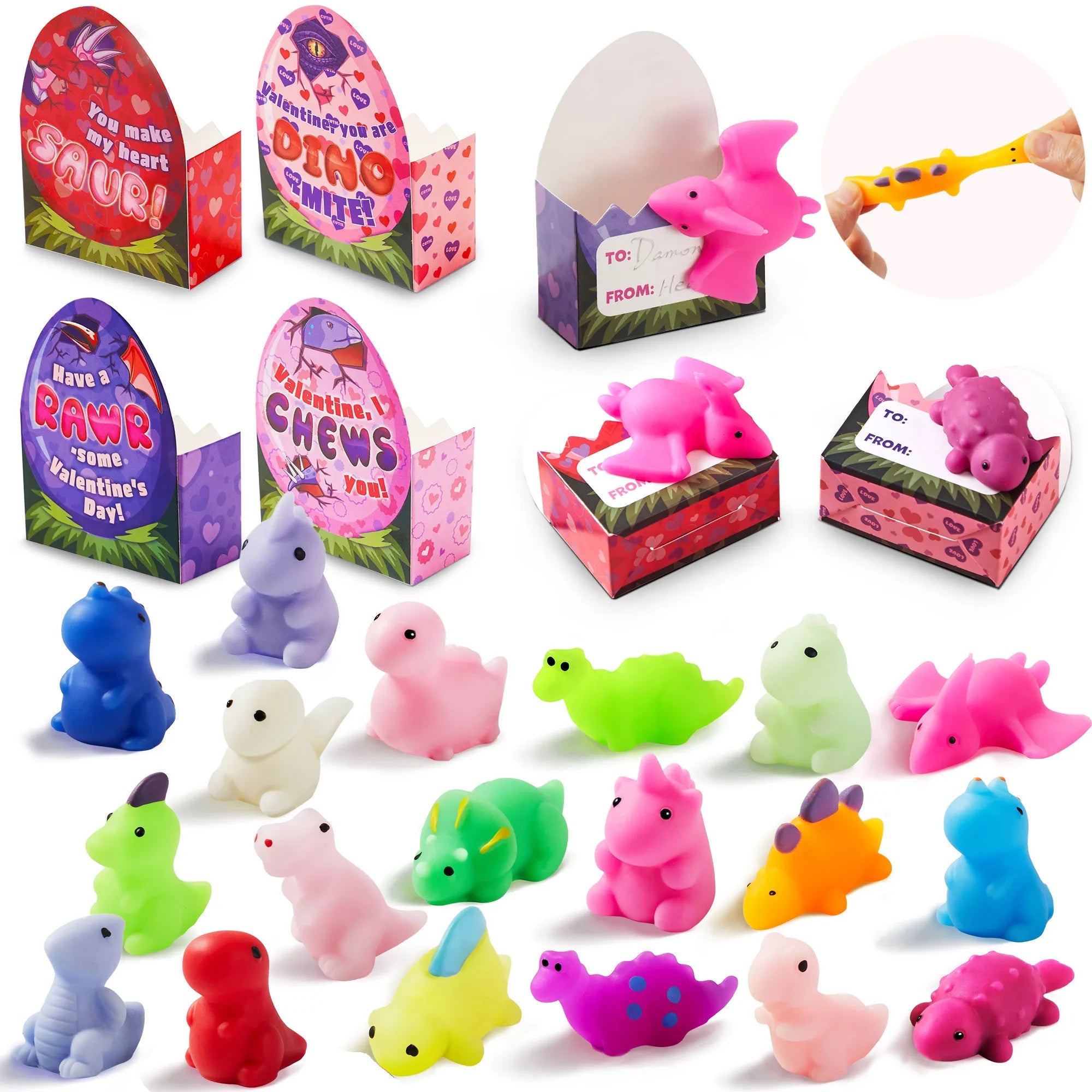 28-Pack Dinosaur Mochi Squishy Toys with Boxes - Valentine's Day Cards for Kids