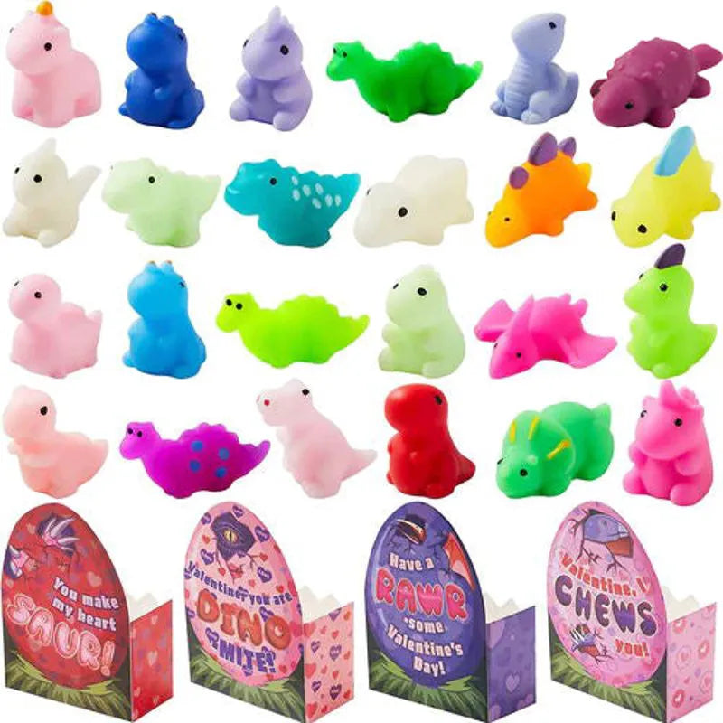 28-Pack Dinosaur Mochi Squishy Toys with Boxes - Valentine's Day Cards for Kids