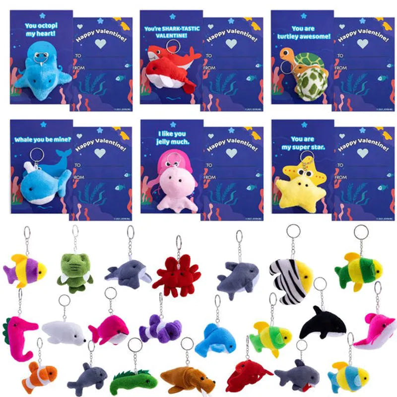 28Pcs Animal Keychains with Bulging Eyes and Kids Valentines Cards