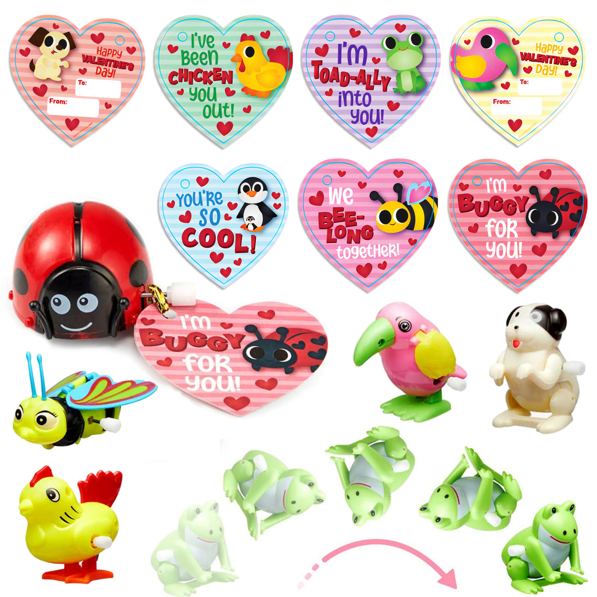 28-Pack Wind-Up Toys with Valentine's Day Cards for Kids' Party Favors