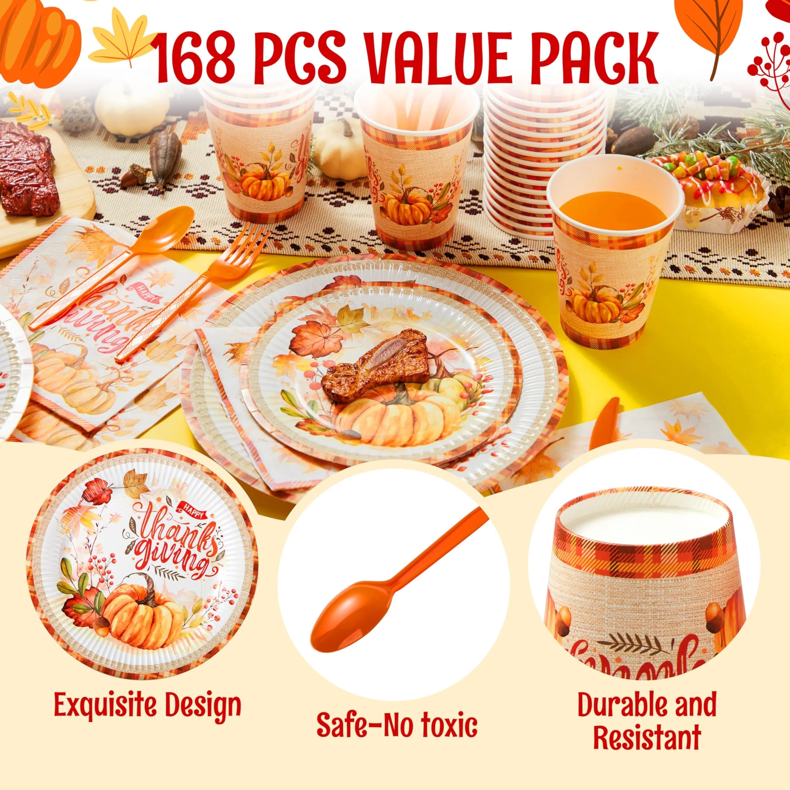 168-Piece Thanksgiving Disposable Paper Plates Dinnerware Set
