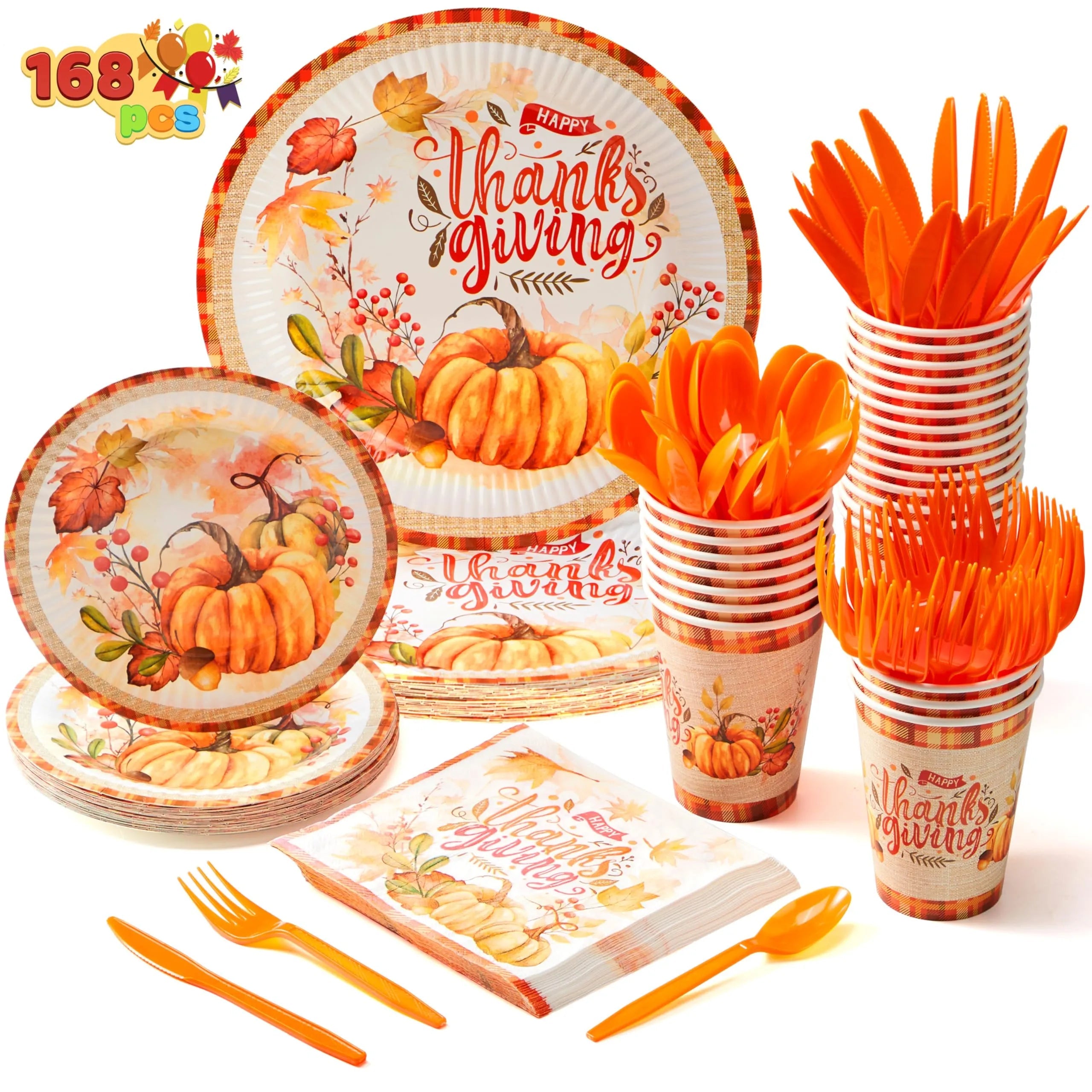 168-Piece Thanksgiving Disposable Paper Plates Dinnerware Set