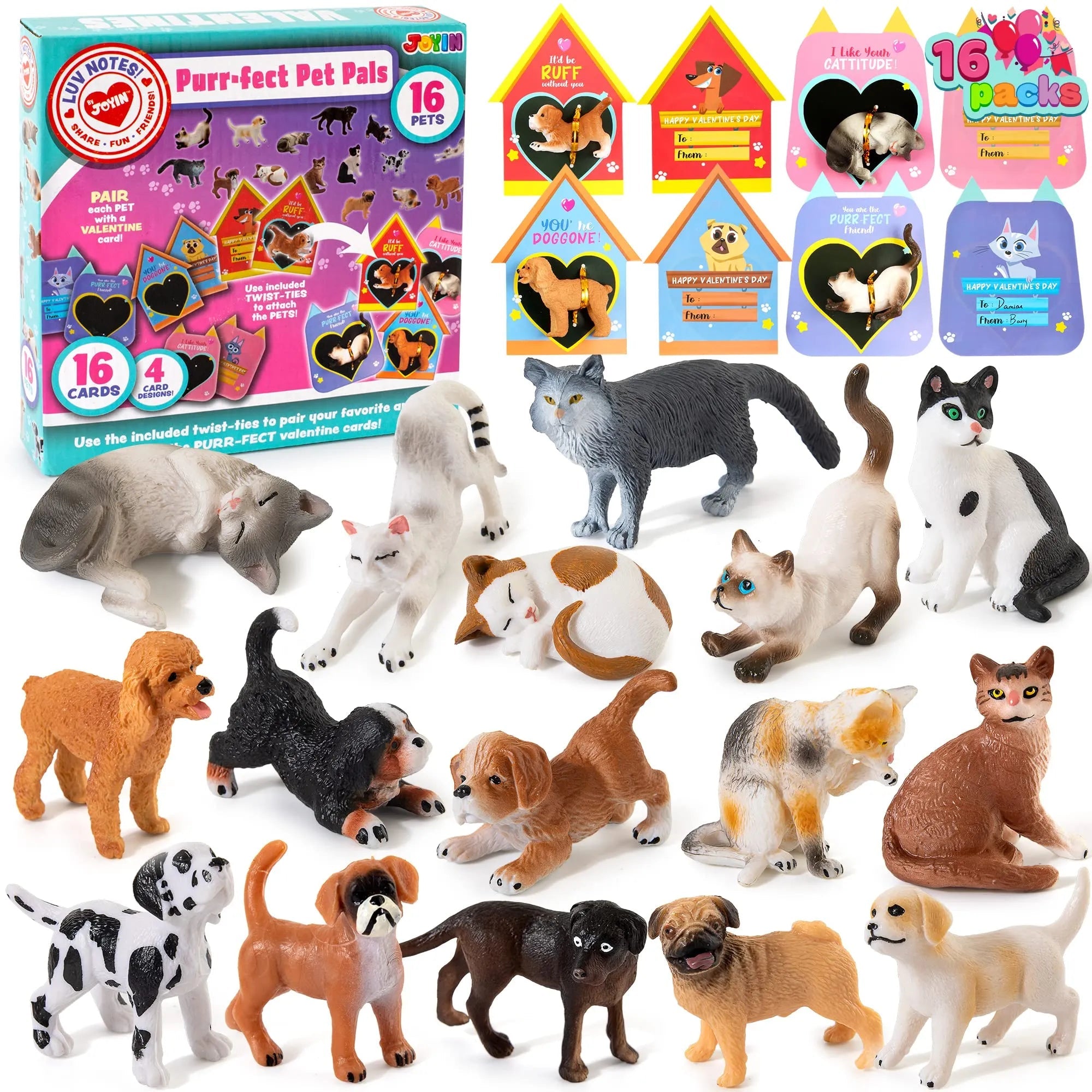 16Pcs Kids Valentine's Day Cards with Dog and Cat Figure Toys - Classroom Exchange Gifts