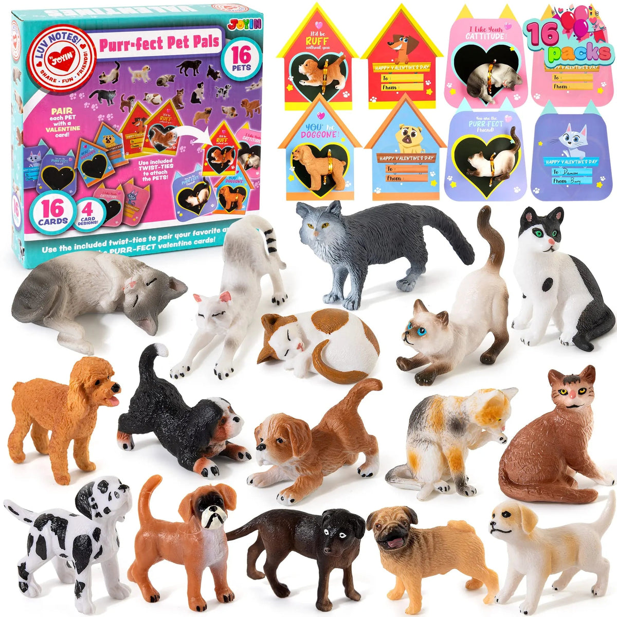 16Pcs Kids Valentine's Day Cards with Dog and Cat Figure Toys - Classroom Exchange Gifts