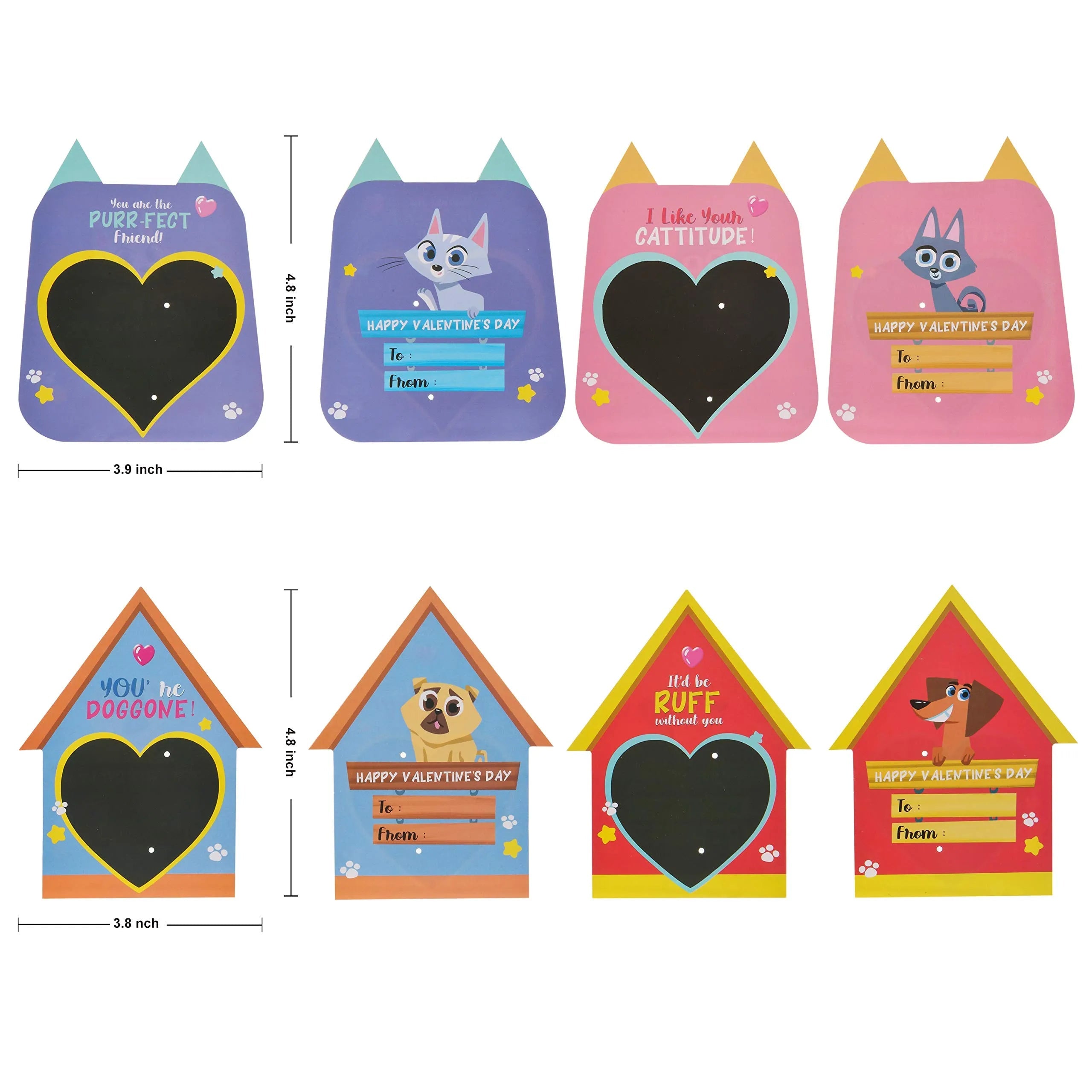 16Pcs Kids Valentine's Day Cards with Dog and Cat Figure Toys - Classroom Exchange Gifts
