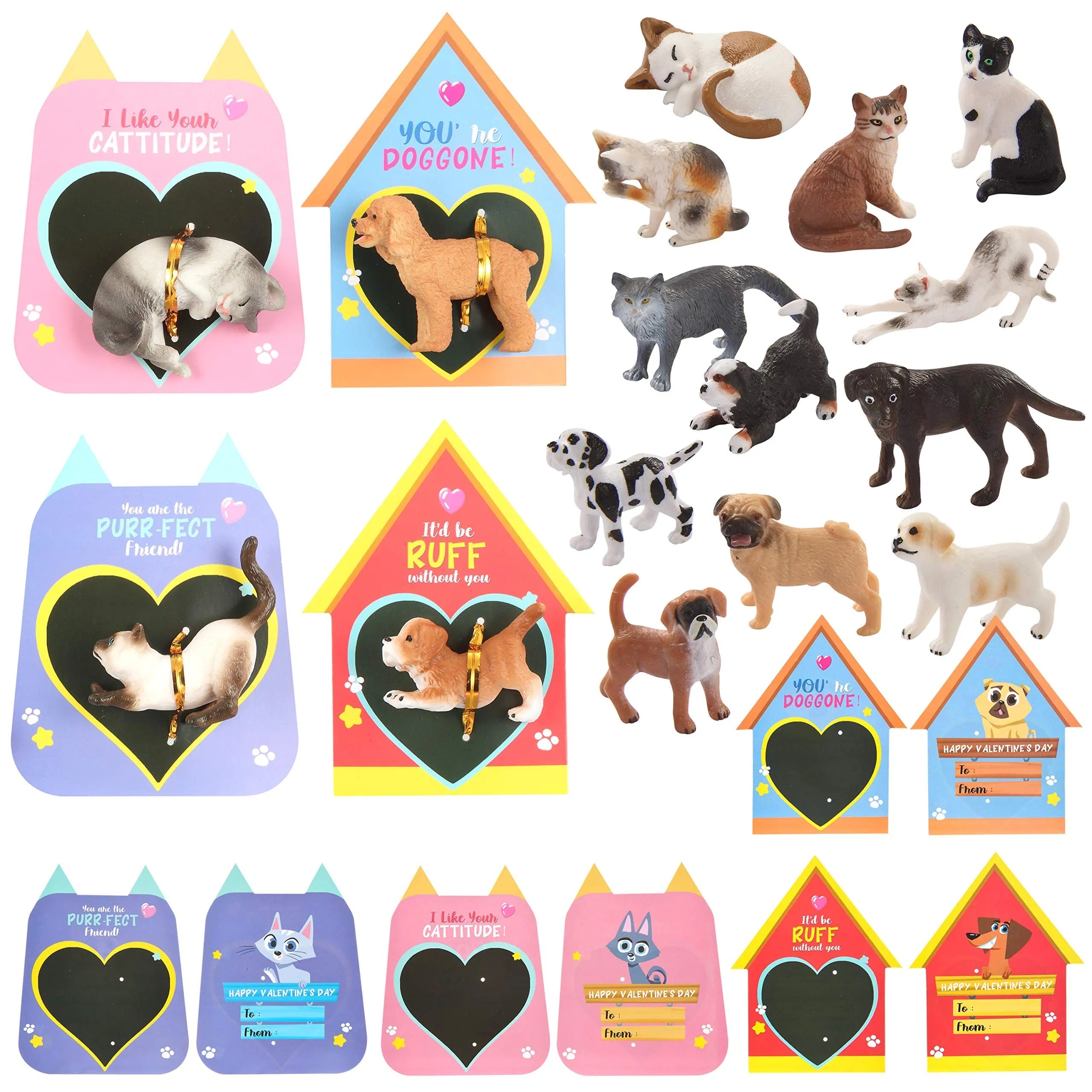 16Pcs Kids Valentine's Day Cards with Dog and Cat Figure Toys - Classroom Exchange Gifts