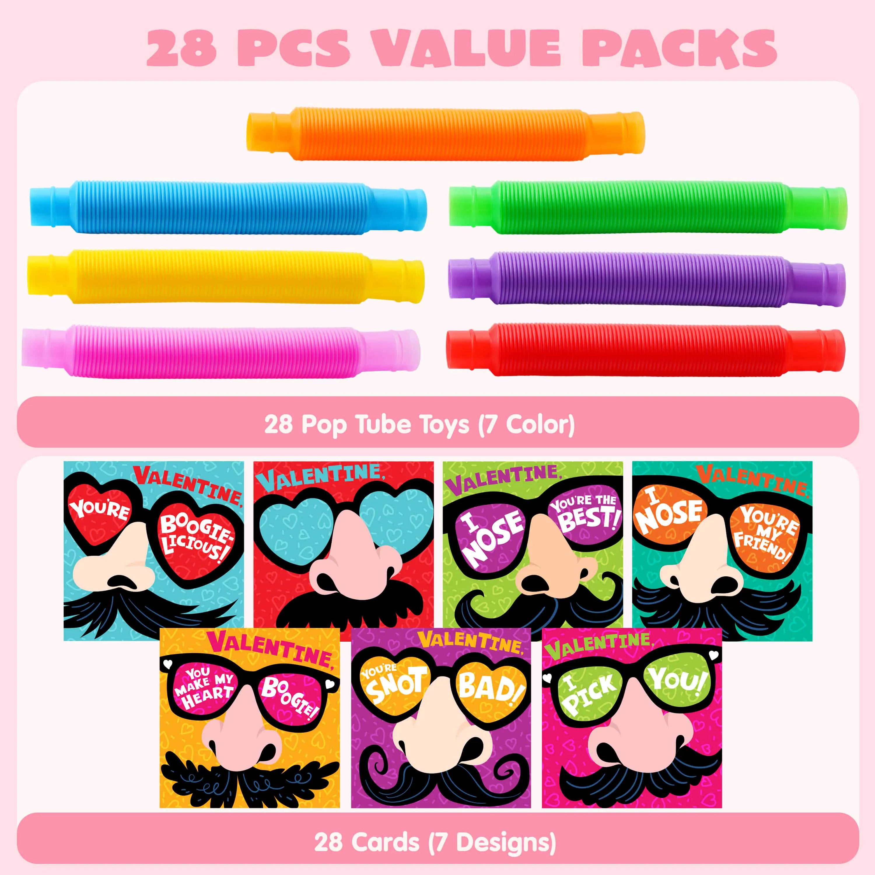 28 Packs Valentine's Day Nose Picking Cards with Pop Tubes for Kids