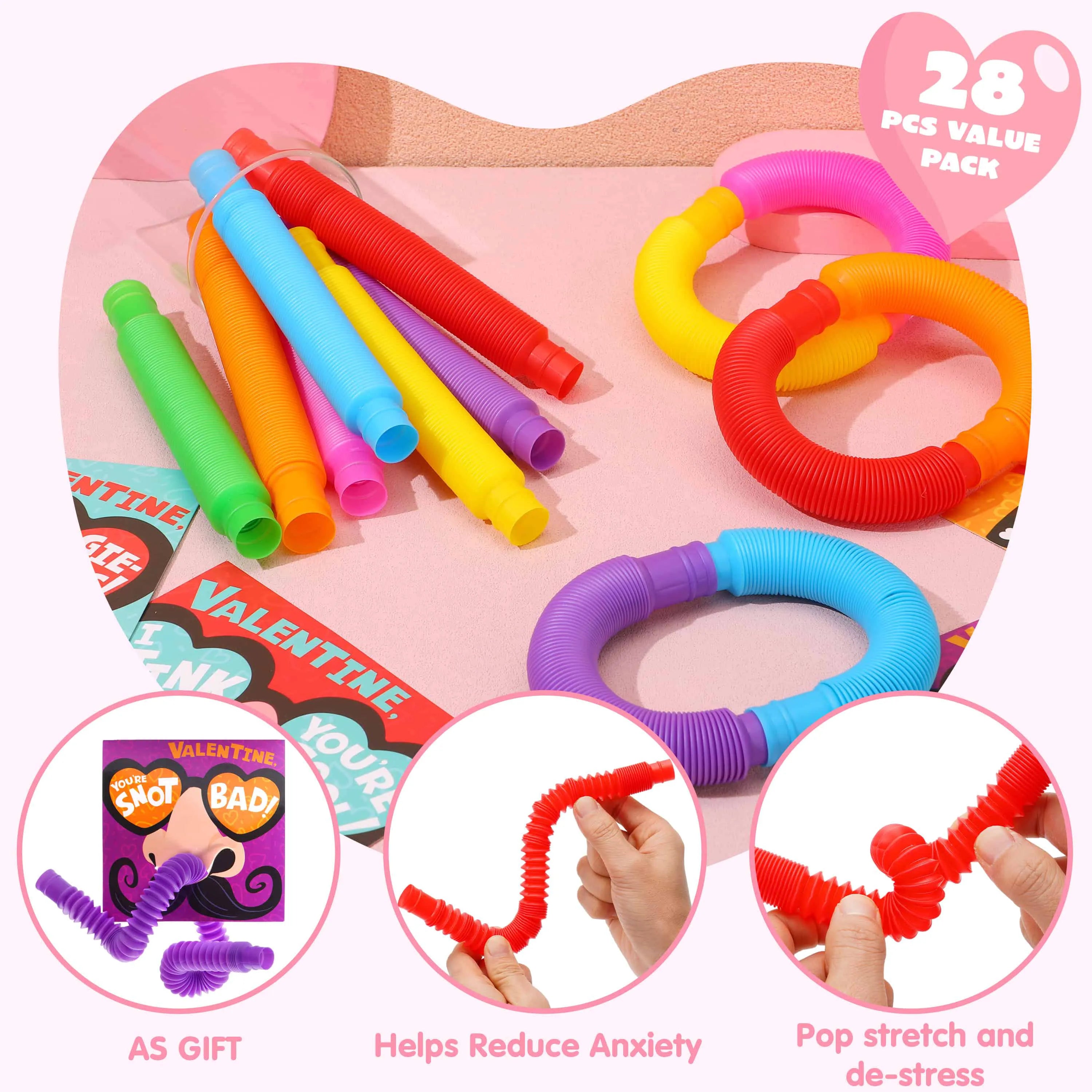 28 Packs Valentine's Day Nose Picking Cards with Pop Tubes for Kids