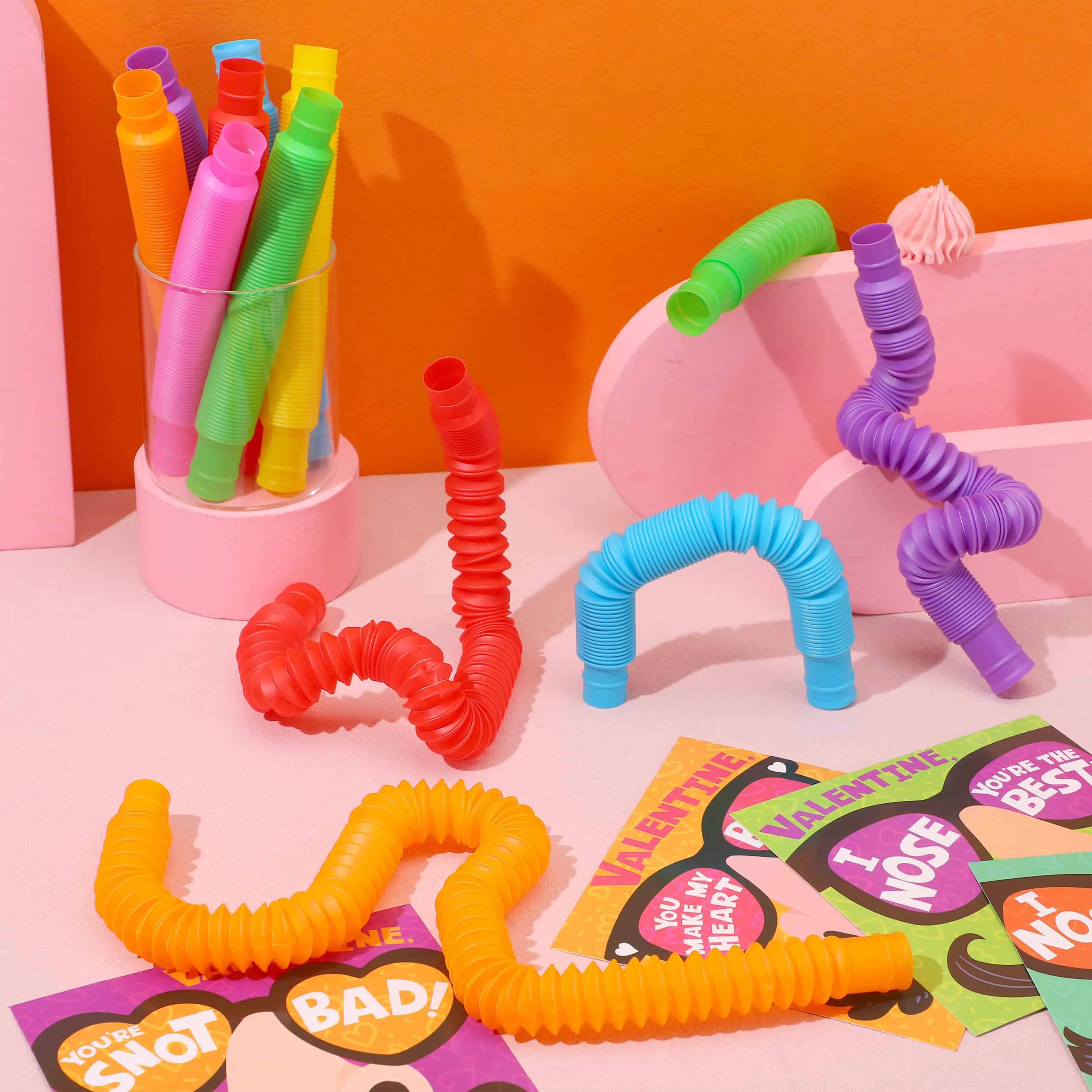 28 Packs Valentine's Day Nose Picking Cards with Pop Tubes for Kids
