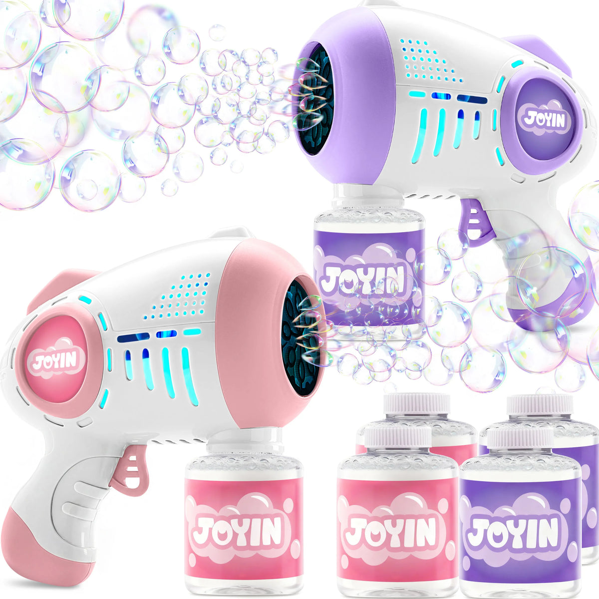 JOYIN 2 Kids Bubble Guns with 4 Bottles Solution, Automatic Bubble Machine Gun with 8 Holes for Kids, Adults, Summer Toys, Easter Basket Stuffers