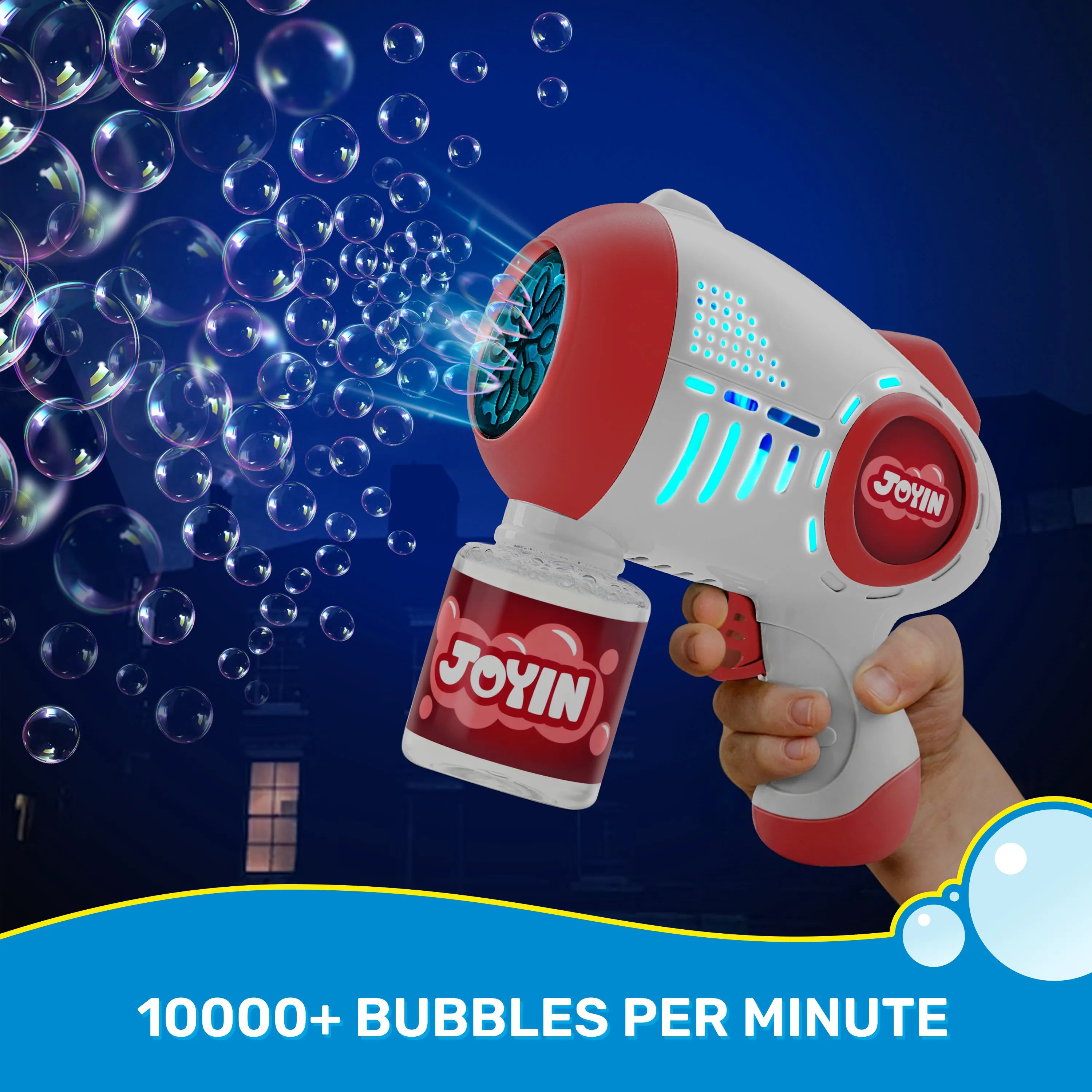 JOYIN 2 Kids Bubble Guns with 4 Bottles Solution, Automatic Bubble Machine Gun with 8 Holes (Blue & Red)