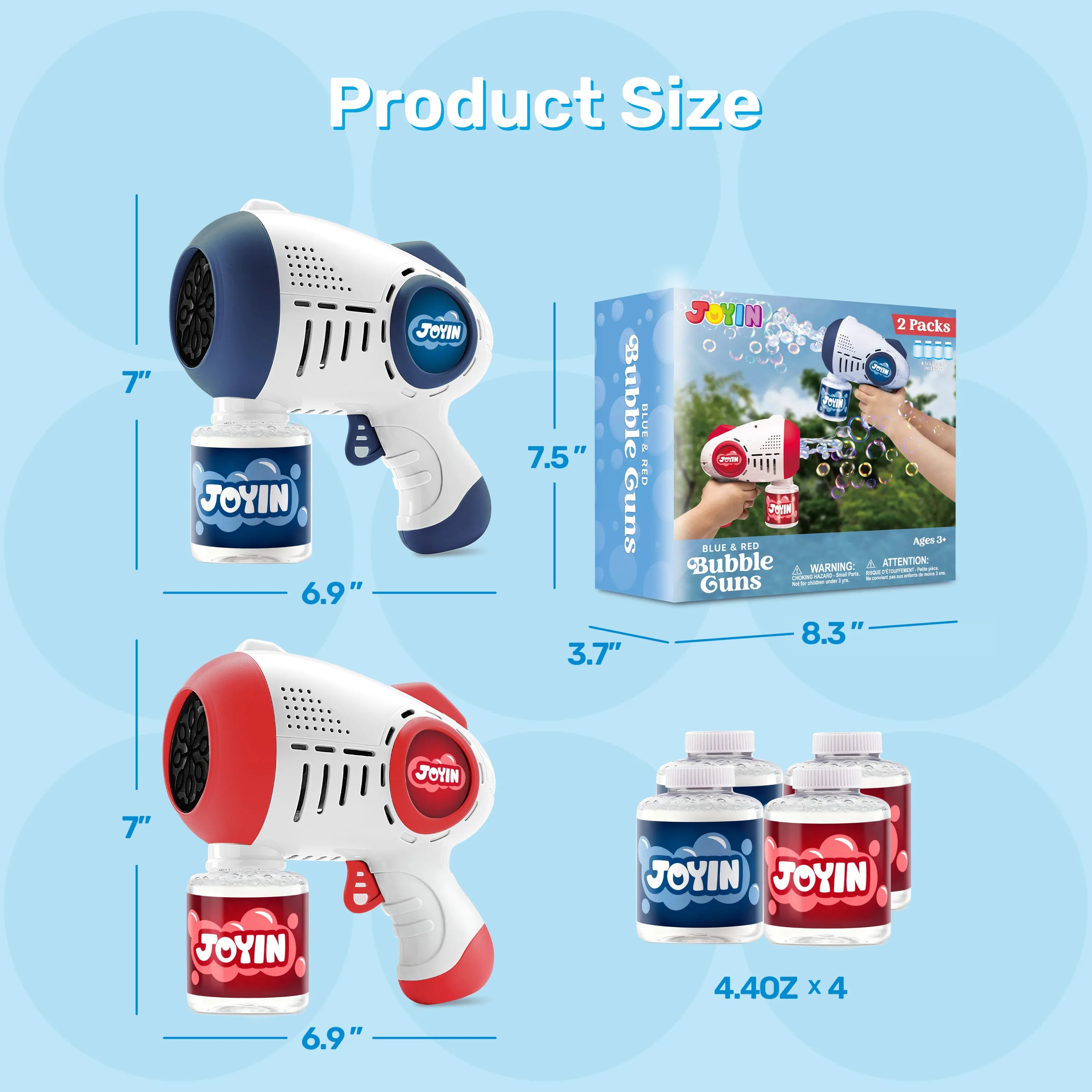 JOYIN 2 Kids Bubble Guns with 4 Bottles Solution, Automatic Bubble Machine Gun with 8 Holes (Blue & Red)