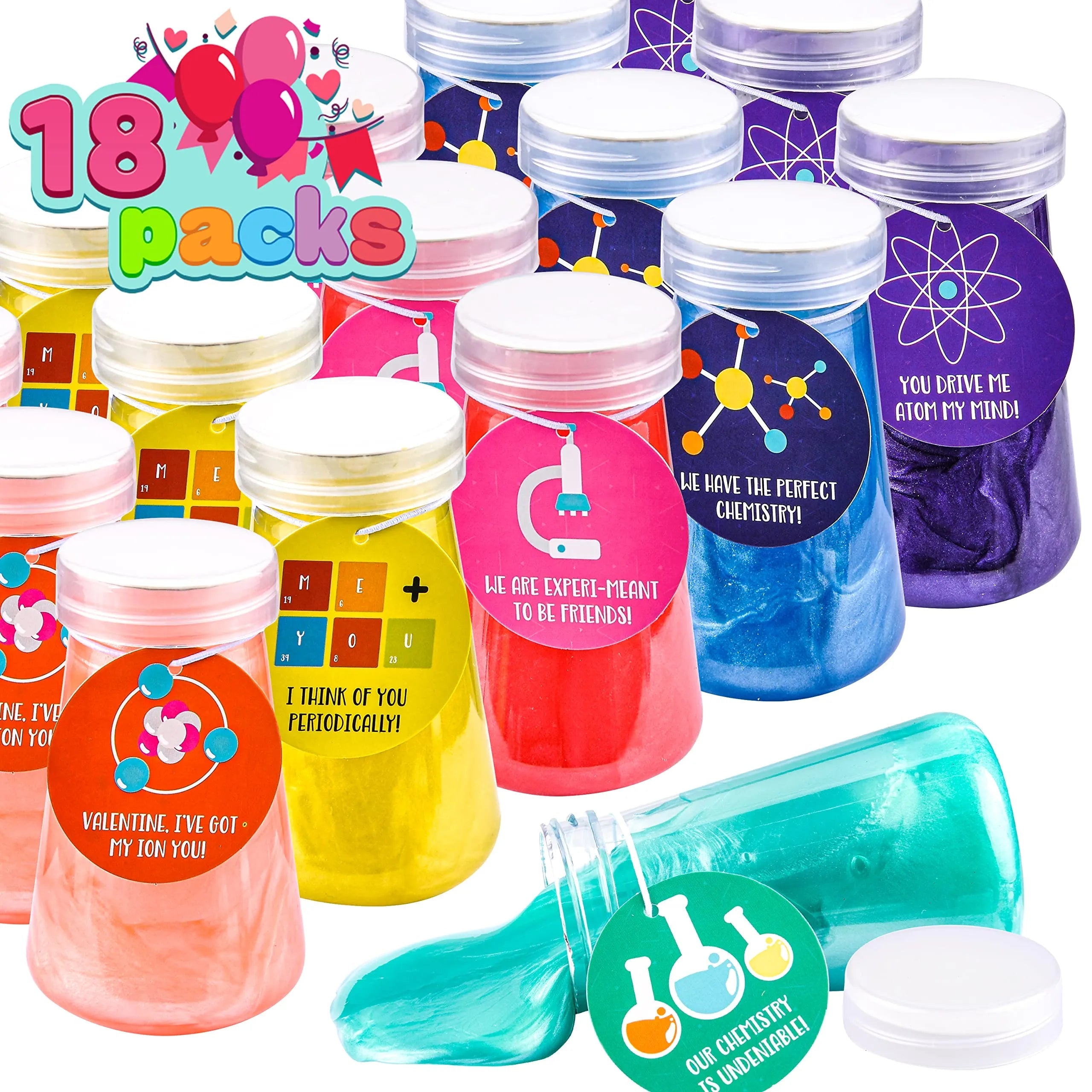 18 Science Slime Beakers with Valentine's Day Cards for Kids Classroom Exchange Gifts