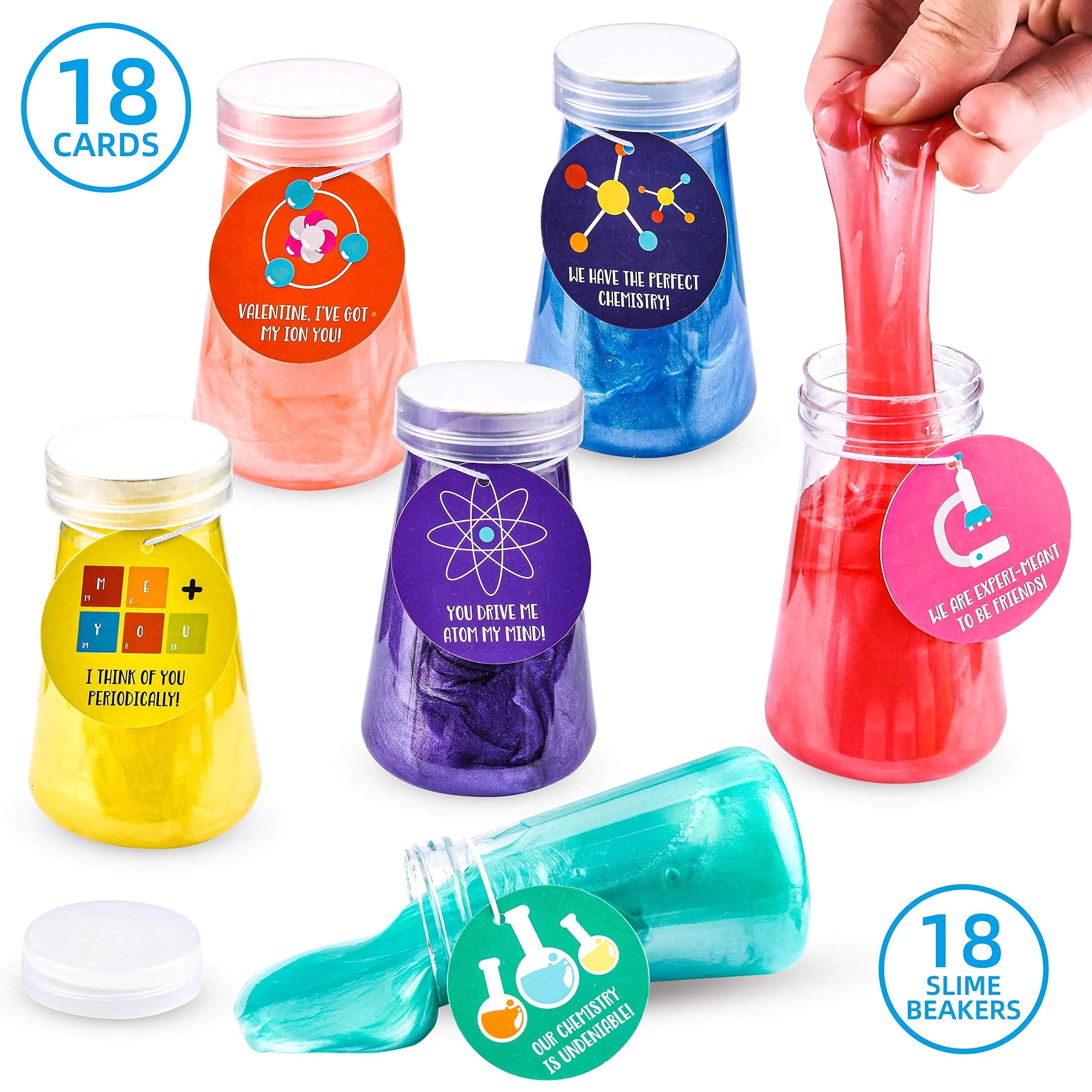 18 Science Slime Beakers with Valentine's Day Cards for Kids Classroom Exchange Gifts