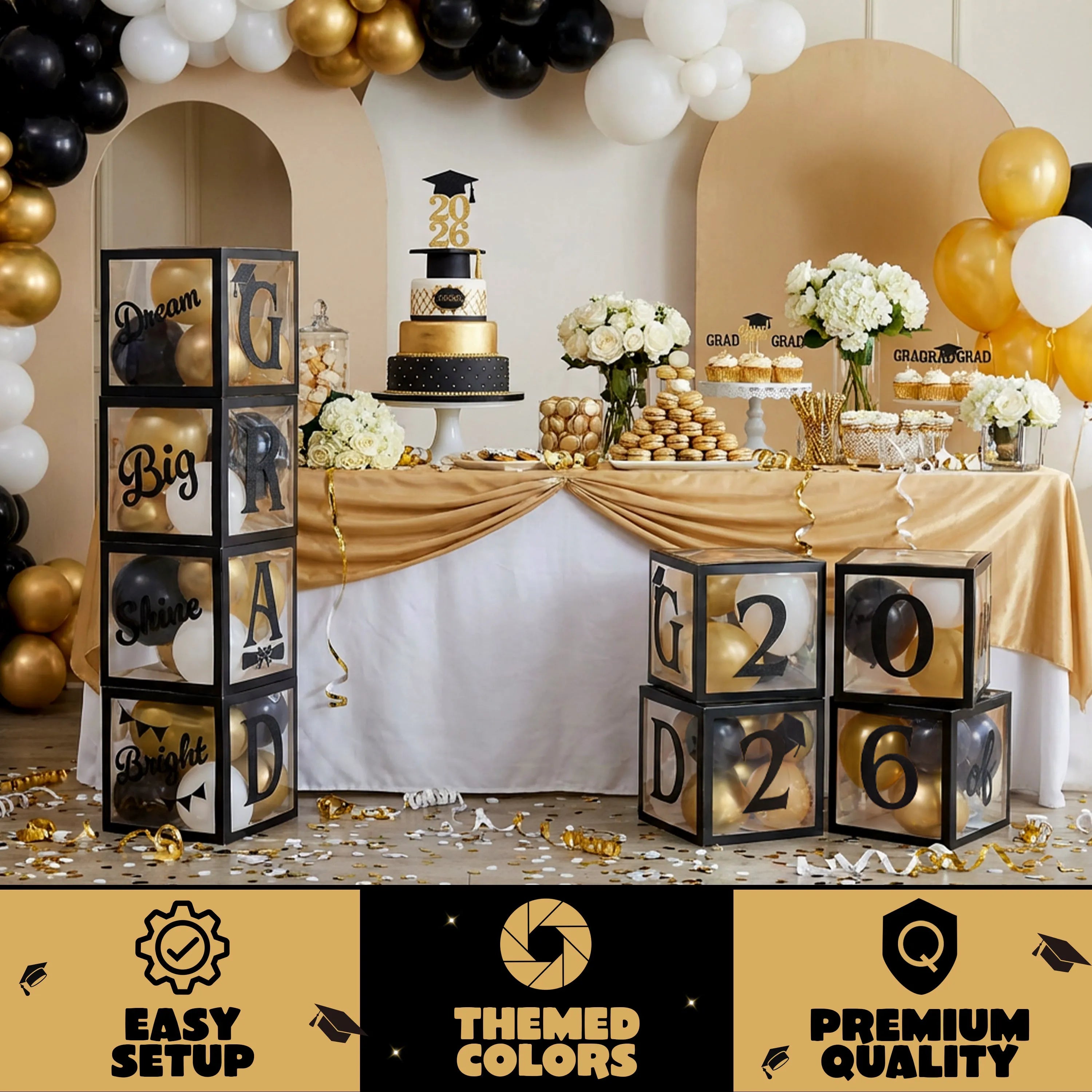 4Pcs Black & Gold 2026 Graduation Balloon Boxes for Graduation Party Decor